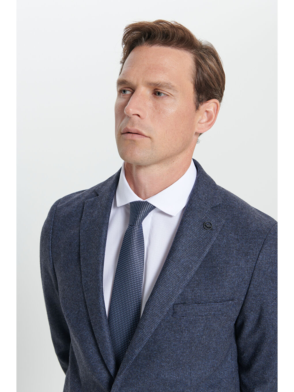 Erkek Lacivert Slim Fit Dar Kesim Mono Yaka Desenli Yünlü Takım Elbise-4