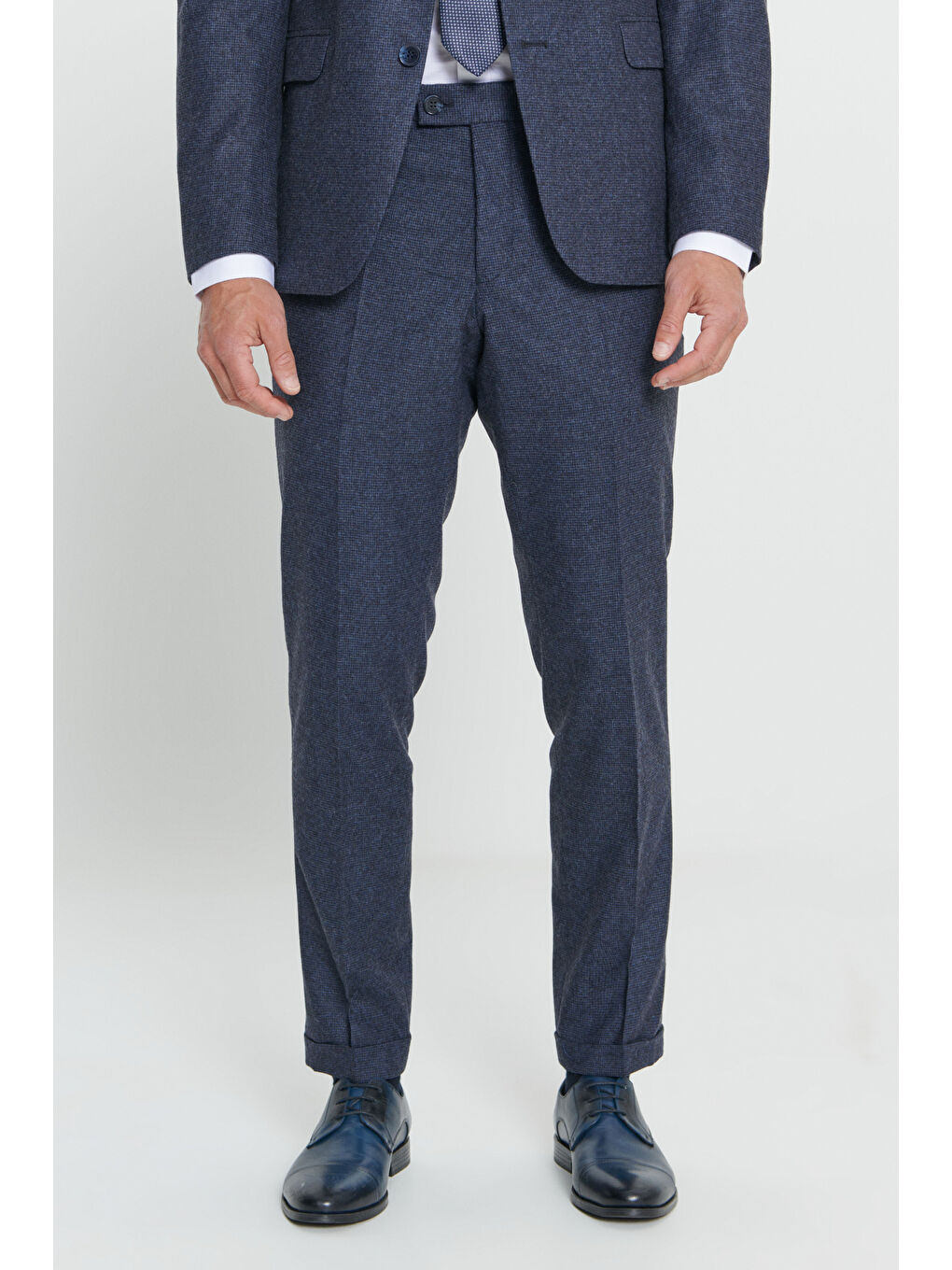 Erkek Lacivert Slim Fit Dar Kesim Mono Yaka Desenli Yünlü Takım Elbise-5