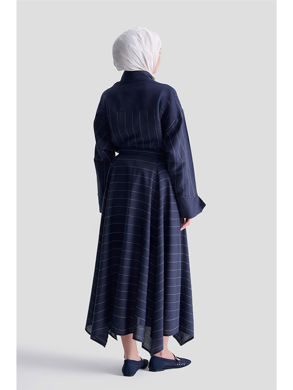 Çizgili Keten Etek 25Y1848 Lacivert-3