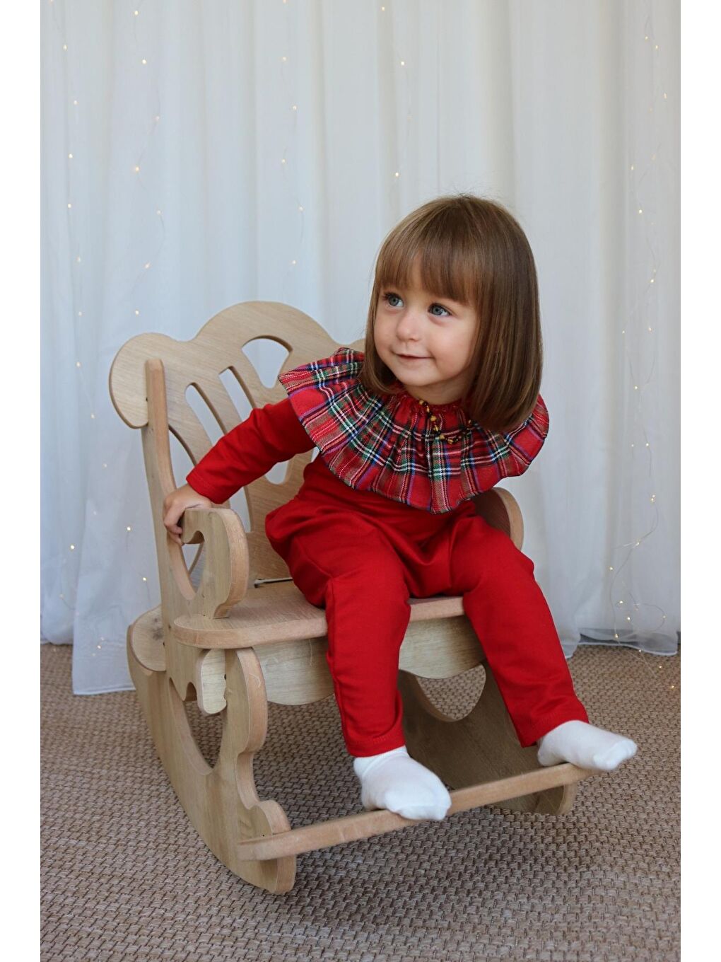 Kız Çocuk Kırmızı Ekose Yakalı Çıtçıt Detaylı Yılbaşı Tulum Salopet