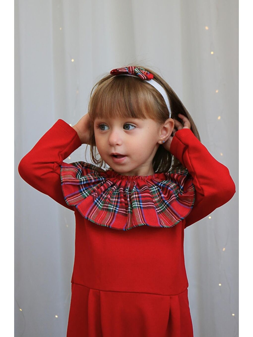 Kız Çocuk Kırmızı Ekose Yakalı Çıtçıt Detaylı Yılbaşı Tulum Salopet-1