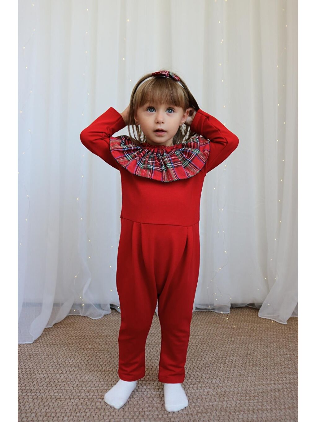 Kız Çocuk Kırmızı Ekose Yakalı Çıtçıt Detaylı Yılbaşı Tulum Salopet-2