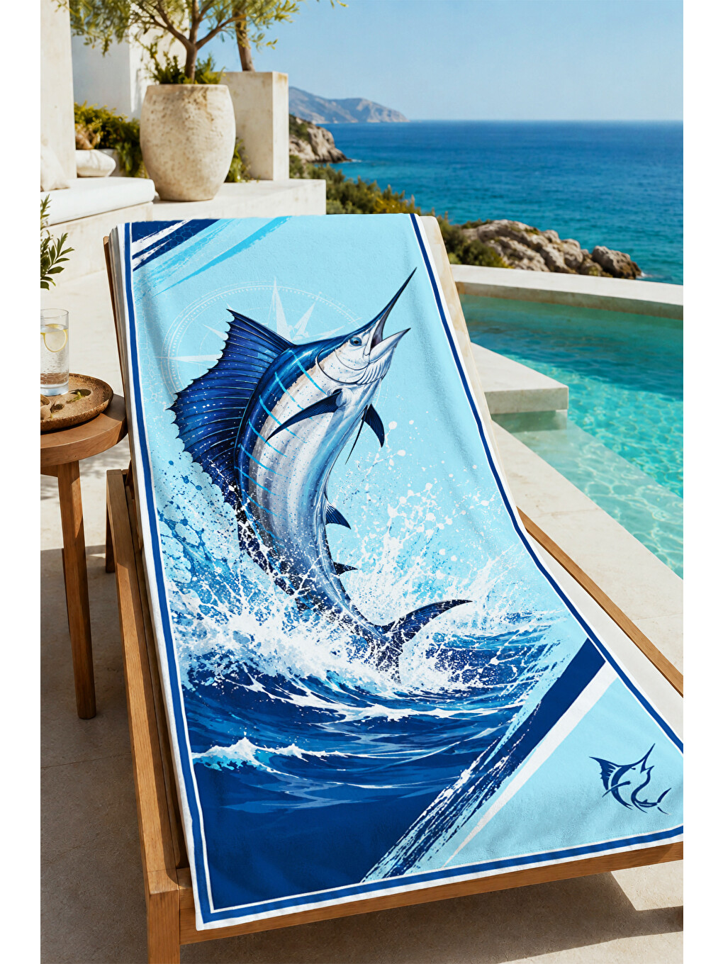 Denizci Marlin Balığı Mavi Dalga Desenli 70x150 Plaj Havlusu - Dijital Baskılı Banyo Havlusu