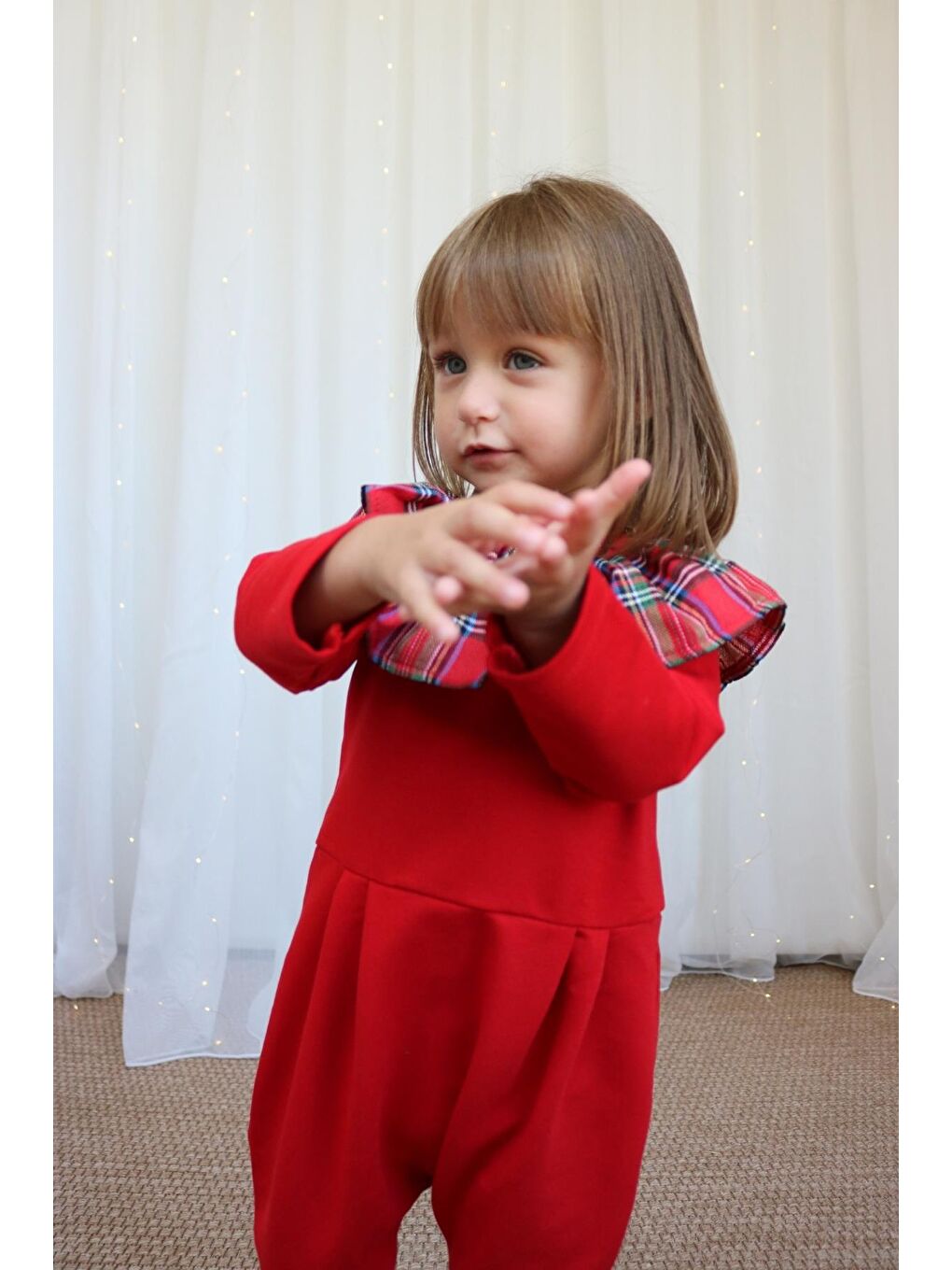 Kız Çocuk Kırmızı Ekose Yakalı Çıtçıt Detaylı Yılbaşı Tulum Salopet-4