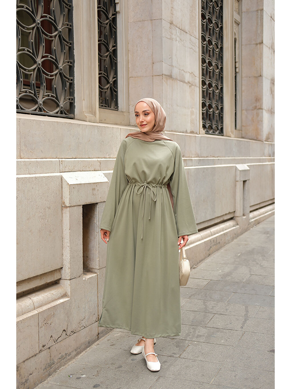 Kadın Bel Bağlama Detay Elbise Yeşil-3