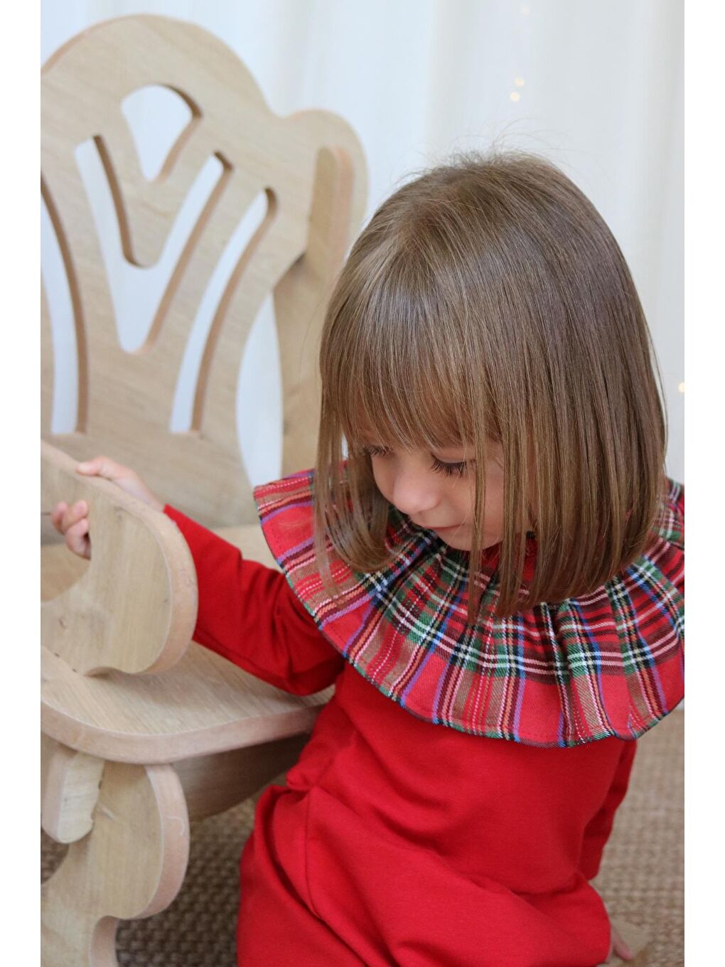 Kız Çocuk Kırmızı Ekose Yakalı Çıtçıt Detaylı Yılbaşı Tulum Salopet-6