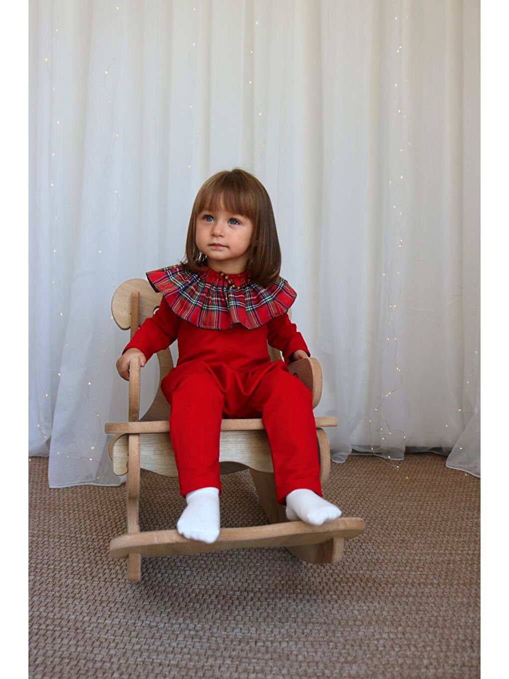 Kız Çocuk Kırmızı Ekose Yakalı Çıtçıt Detaylı Yılbaşı Tulum Salopet-7