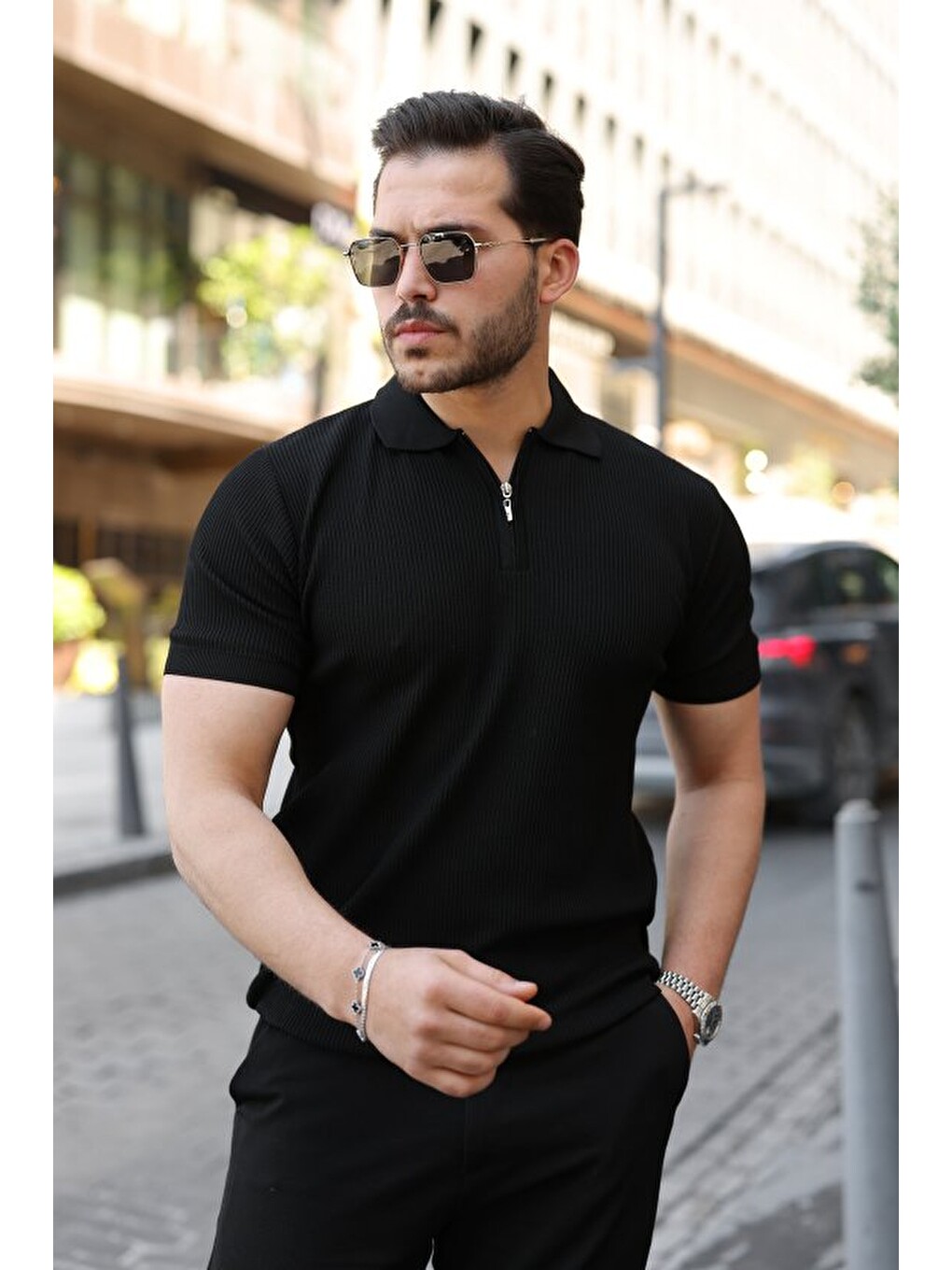 Siyah Erkek Fermuarlı Yakalı Kısa Kollu Tshirt-5