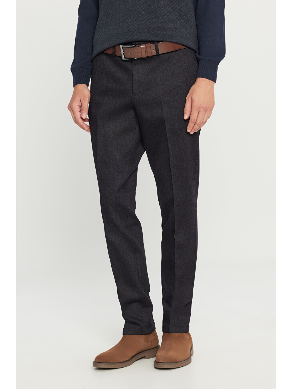 Erkek Lacivert Pamuklu Regular Fit Normal Kesim Diagonal Desenli Yan Cepli Casual Pantolon