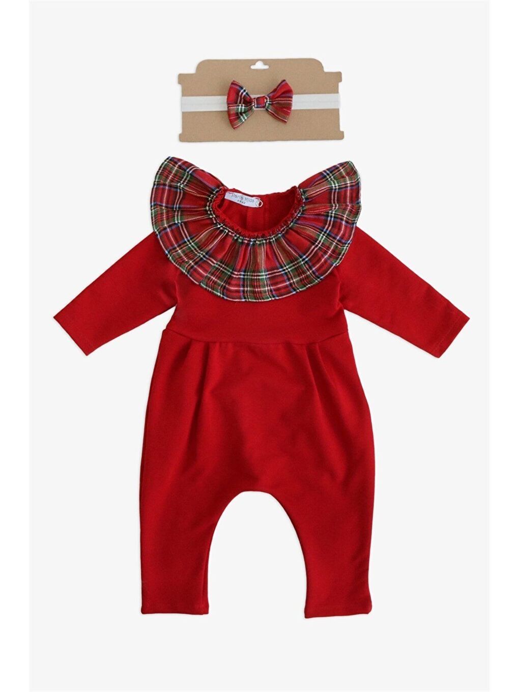 Kız Çocuk Kırmızı Ekose Yakalı Çıtçıt Detaylı Yılbaşı Tulum Salopet-8