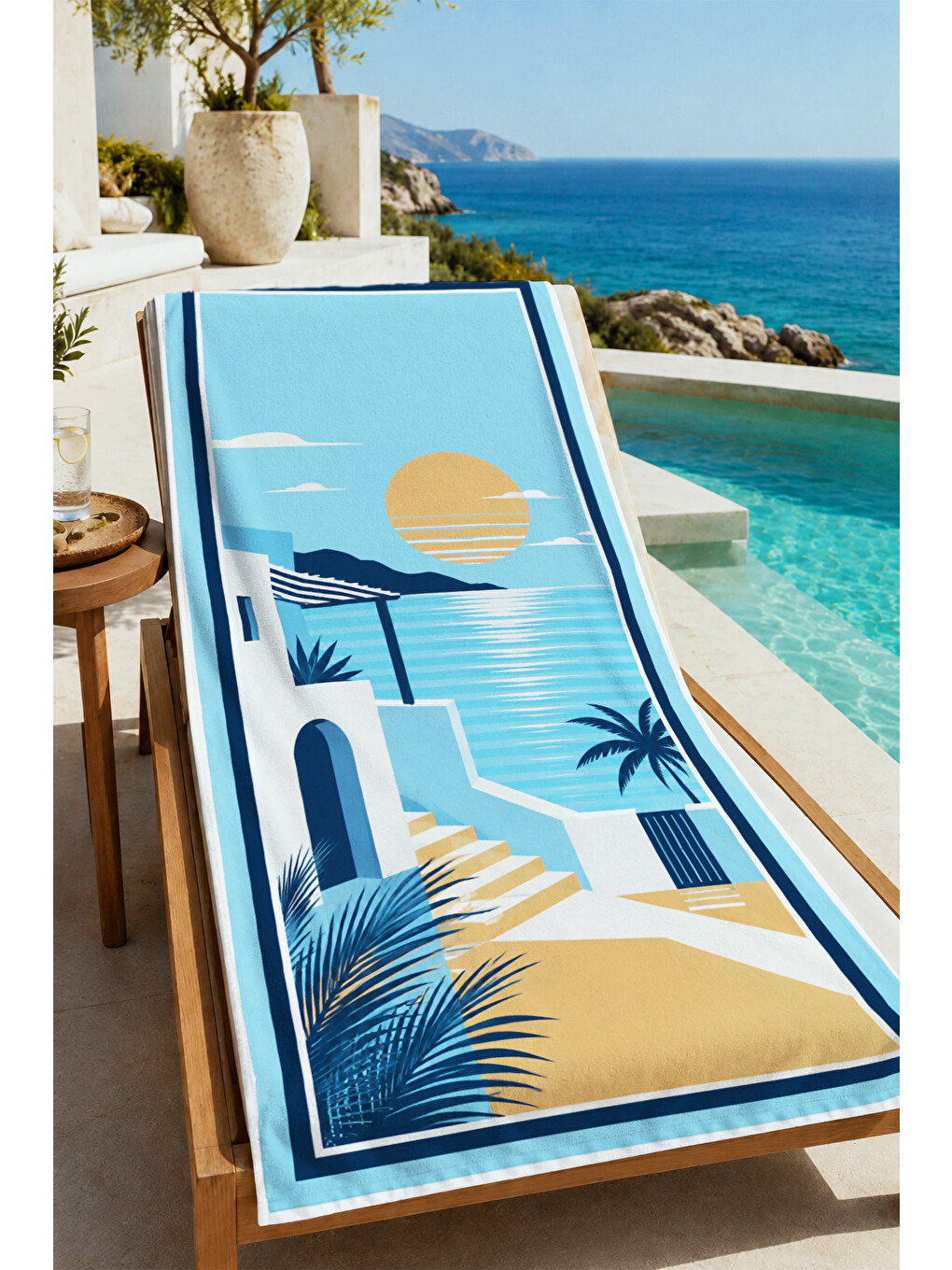 Sarı Modern Güneş Palmiye Sahil Desenli 70x150 Plaj Havlusu - Dijital Baskılı Solmaz Banyo Havlusu-1