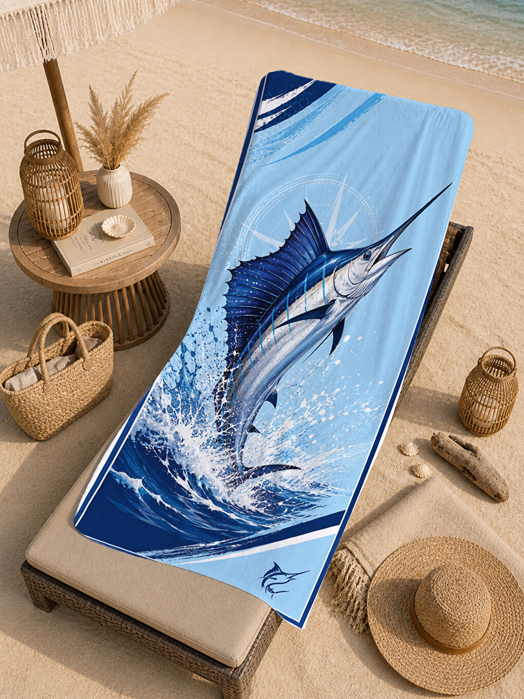 Denizci Marlin Balığı Mavi Dalga Desenli 70x150 Plaj Havlusu - Dijital Baskılı Banyo Havlusu-1