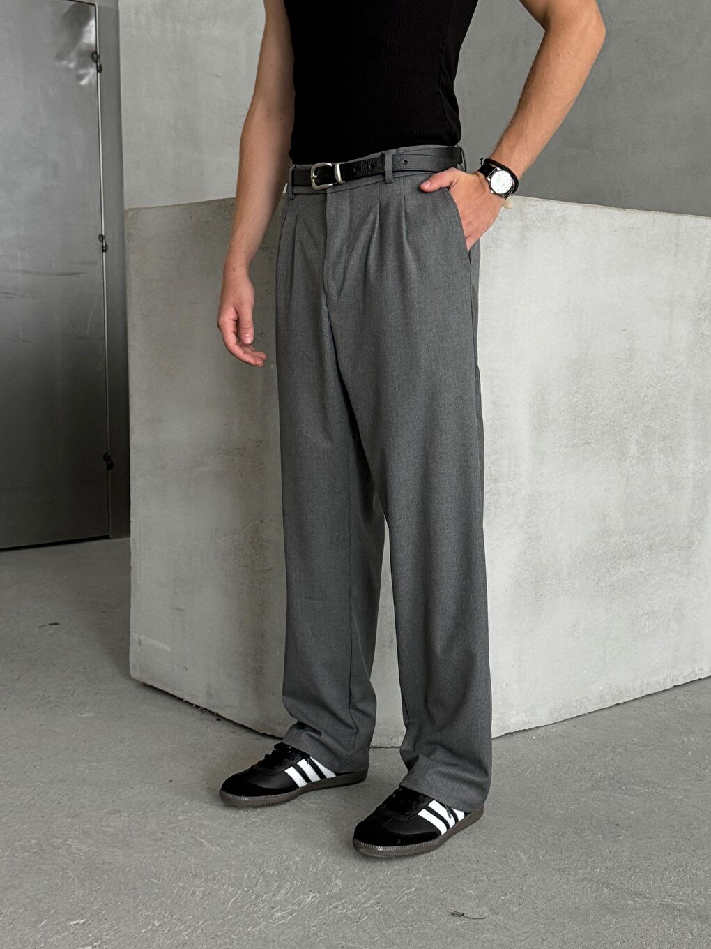 Antrasit Erkek Pileli Baggy Kalıp Kumaş Pantolon-5