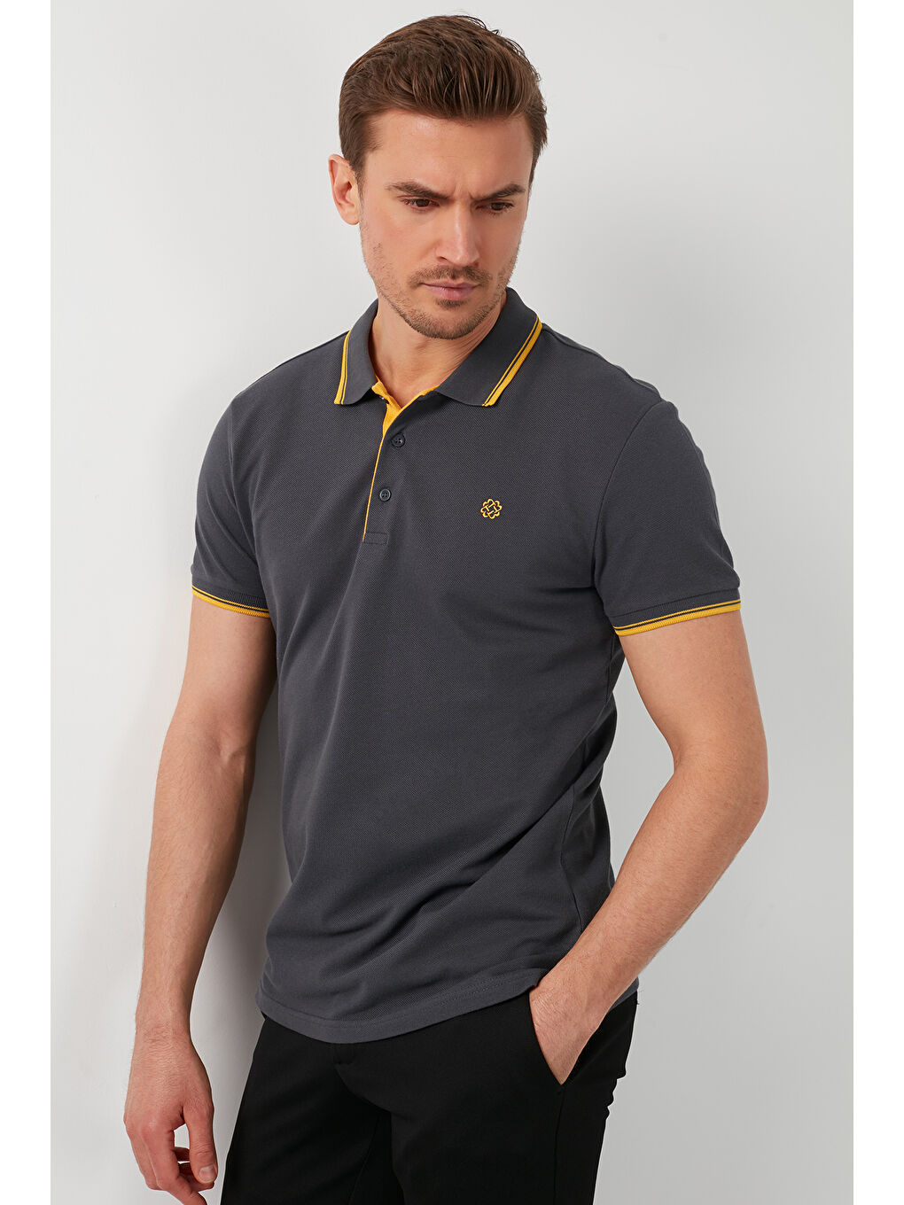 Gri Pamuklu Slim Fit Şerit Detaylı Düğmeli Polo Yaka 3'lü Paket T Shirt 5902118S3-3