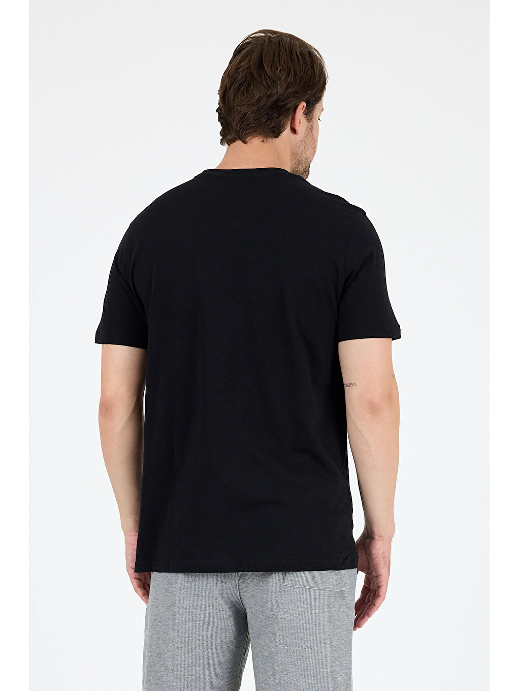 Siyah Bisiklet Yaka Baskılı Penye Erkek %100 Pamuk Tişört-4