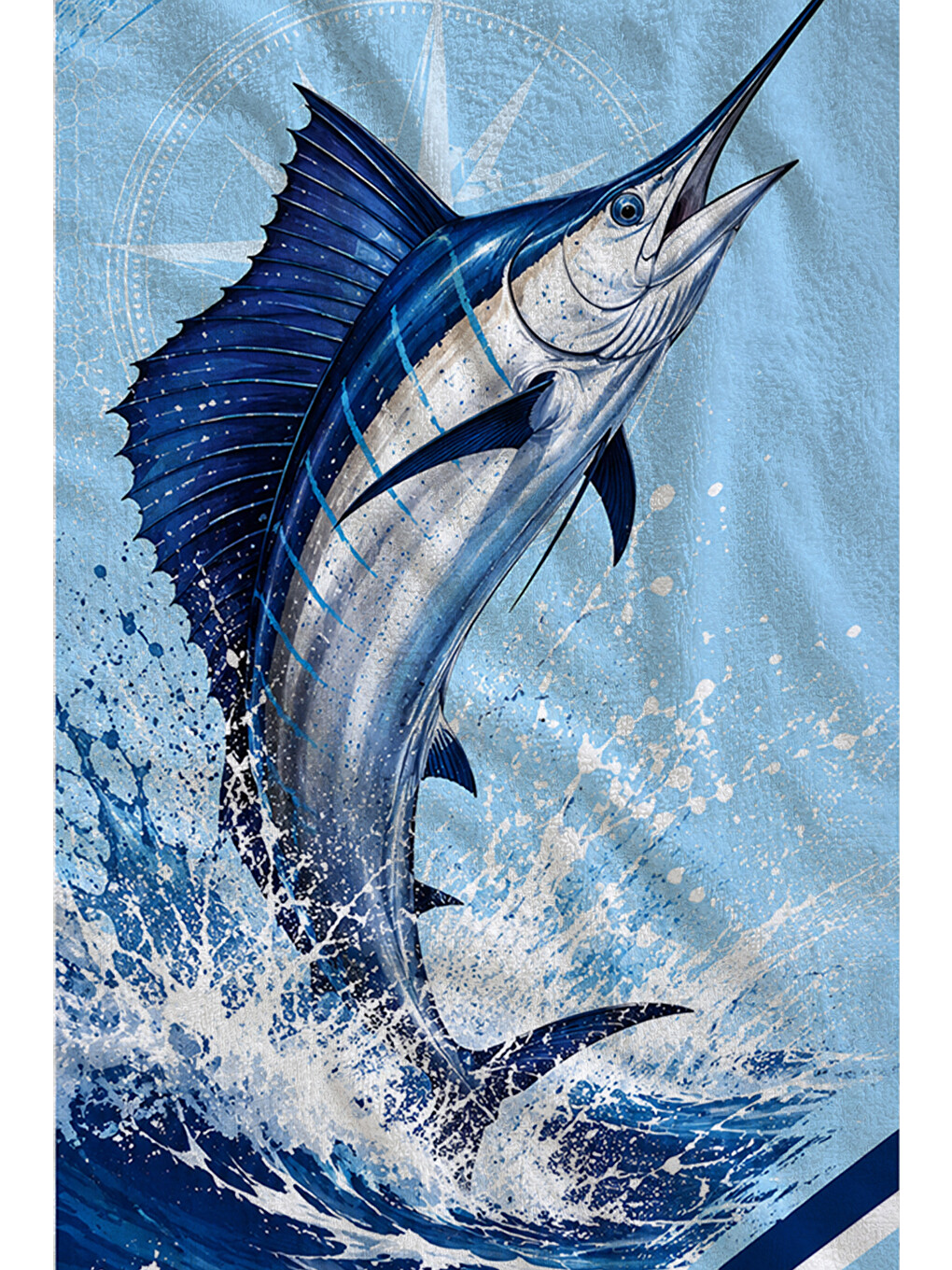Denizci Marlin Balığı Mavi Dalga Desenli 70x150 Plaj Havlusu - Dijital Baskılı Banyo Havlusu-2