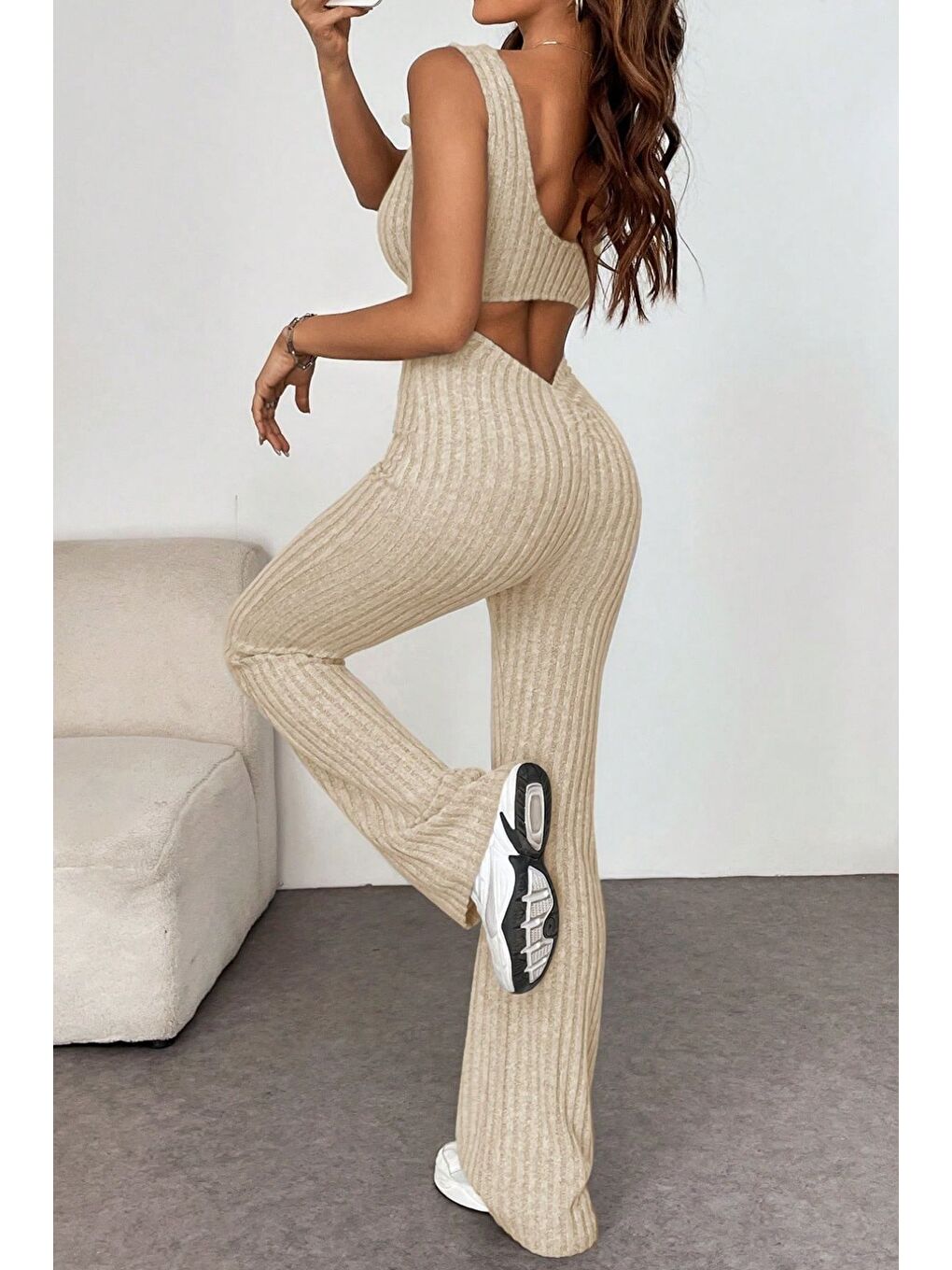 Kadın Bej Yivli Sırtı Açık İnce Tulum-1