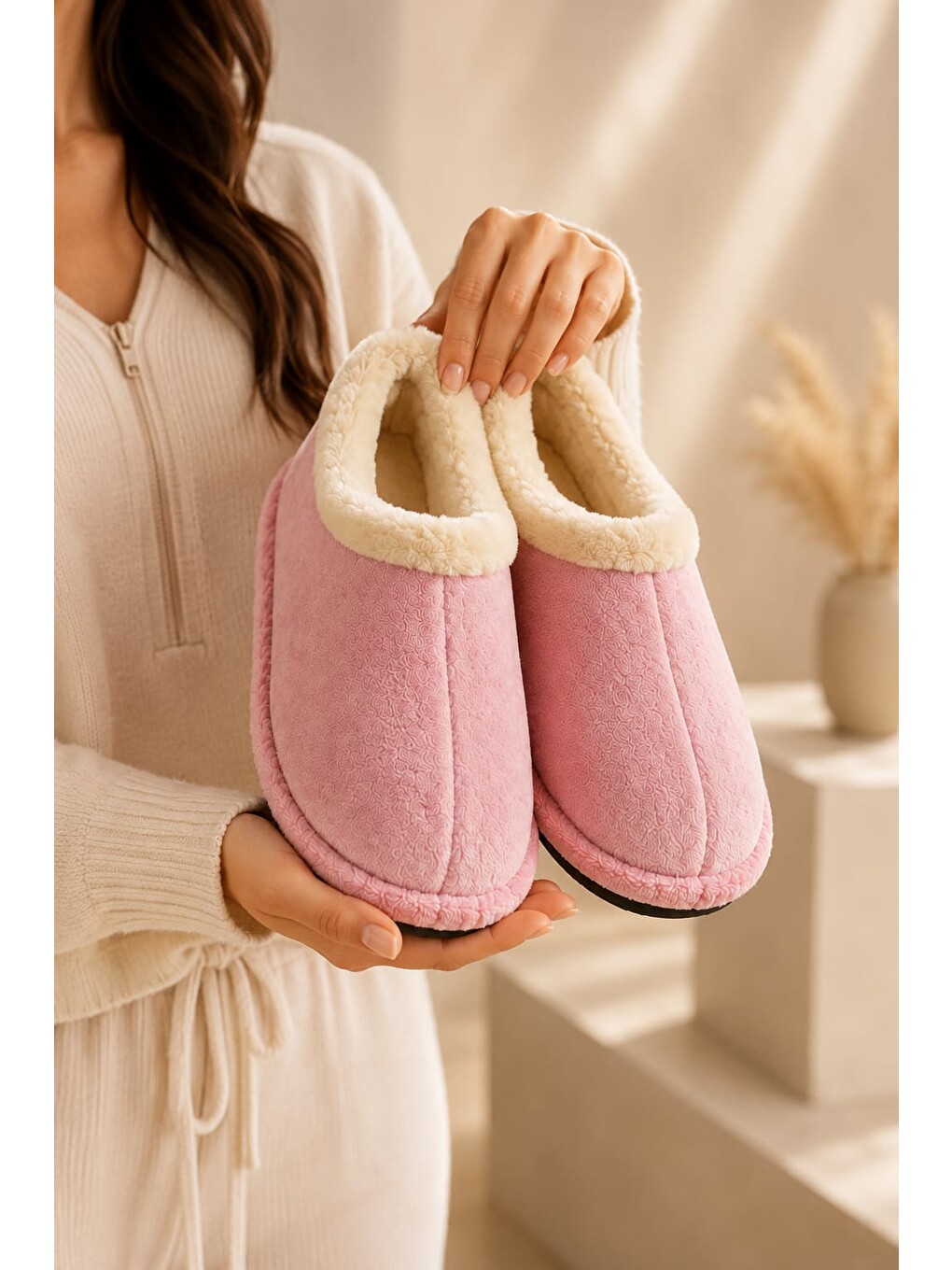 Pembe Unisex Pelüş Içi Yünlü Kışlık Panduf Ev Pandufu Lacivert-1
