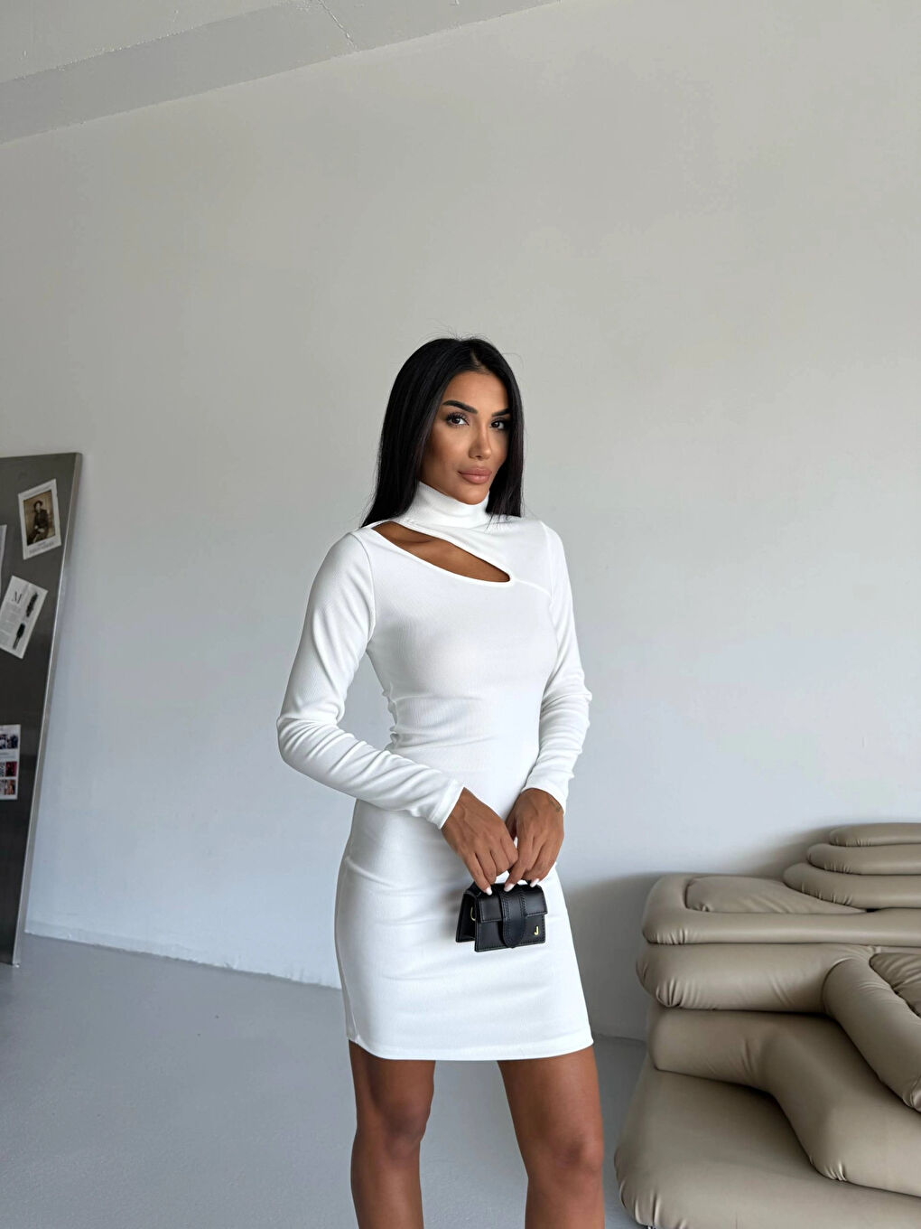 Kadın Beyaz Boğazlı Uzun Kollu Ottoman Kumaş Elbise HZL25S-FRY123331-1