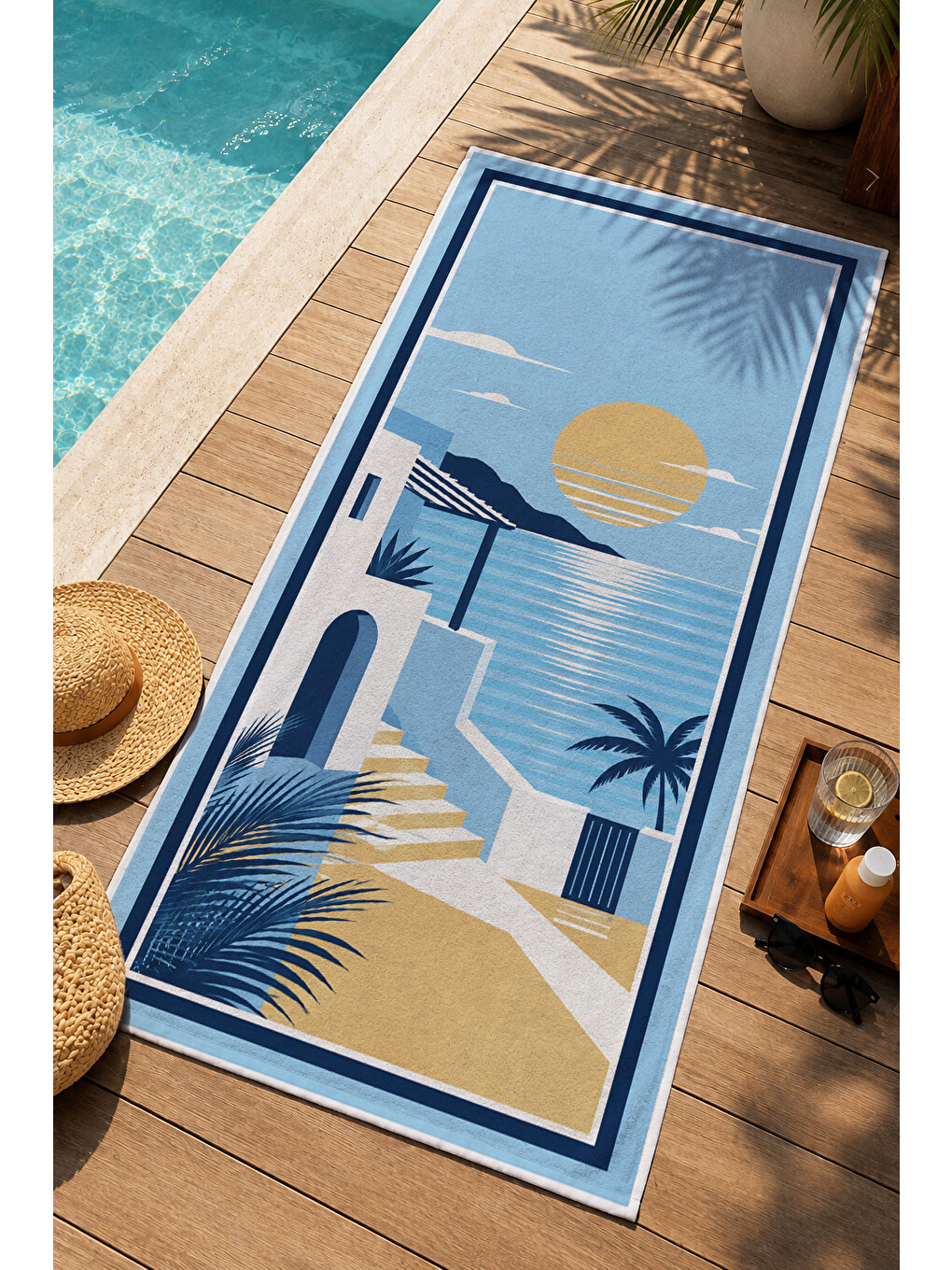 Sarı Modern Güneş Palmiye Sahil Desenli 70x150 Plaj Havlusu - Dijital Baskılı Solmaz Banyo Havlusu-3