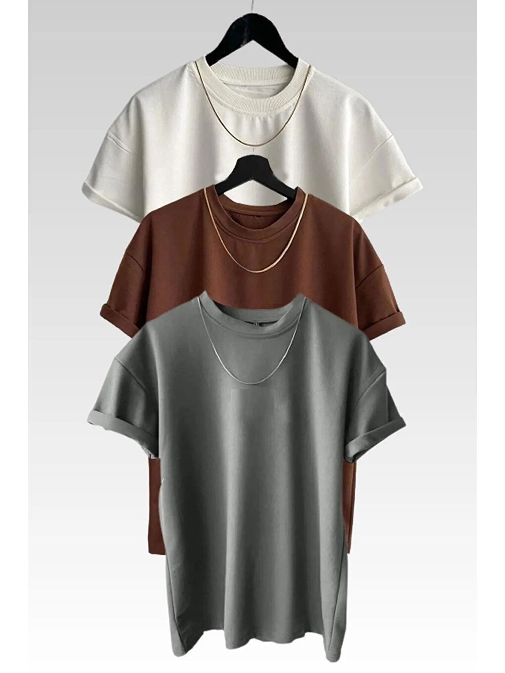 Kadın Bisiklet Yaka Kahve Beyaz Gri Düz 3 lü Paket Tişört