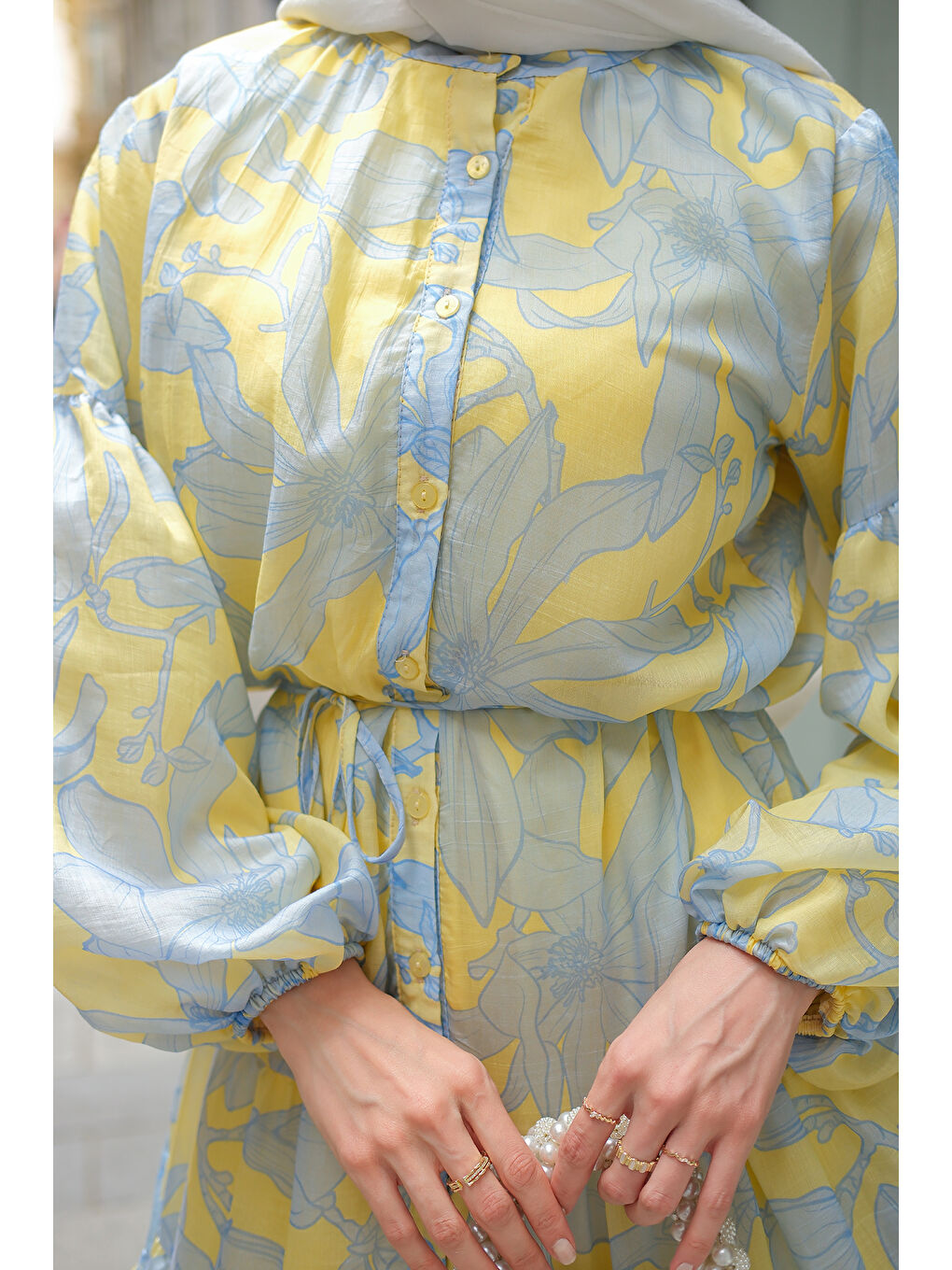 Kadın Karışık Çiçek Desen Elbise Sarı-3