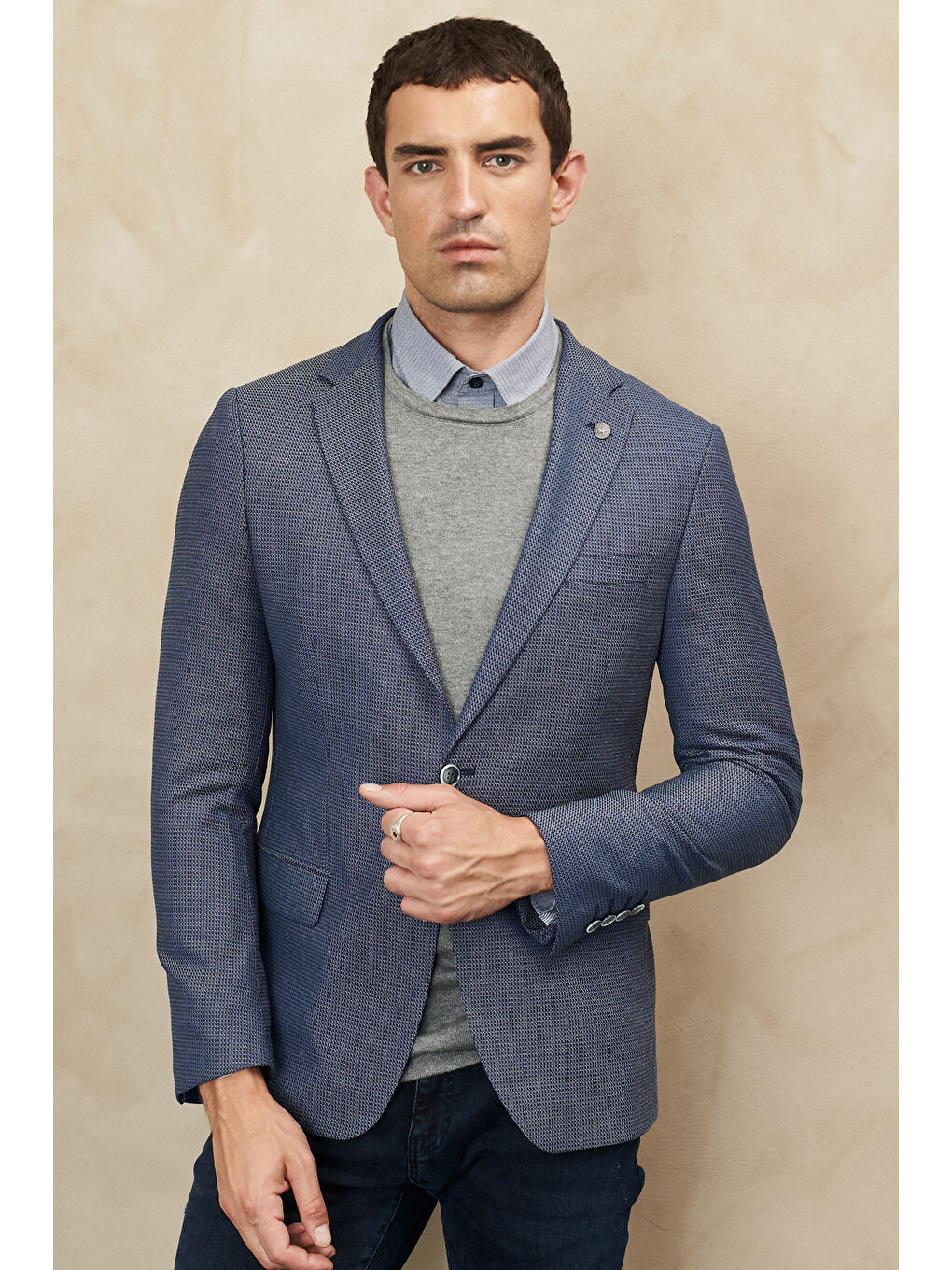 Erkek Lacivert-Beyaz Slim Fit Dar Kesim Mono Yaka Desenli Yünlü Ceket