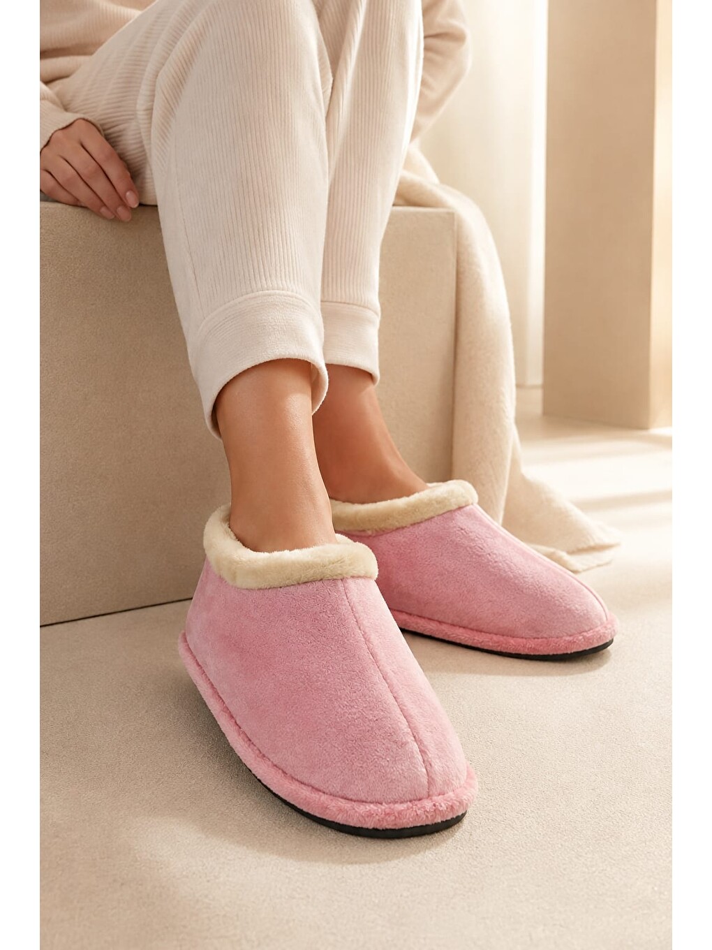 Pembe Unisex Pelüş Içi Yünlü Kışlık Panduf Ev Pandufu Lacivert-2