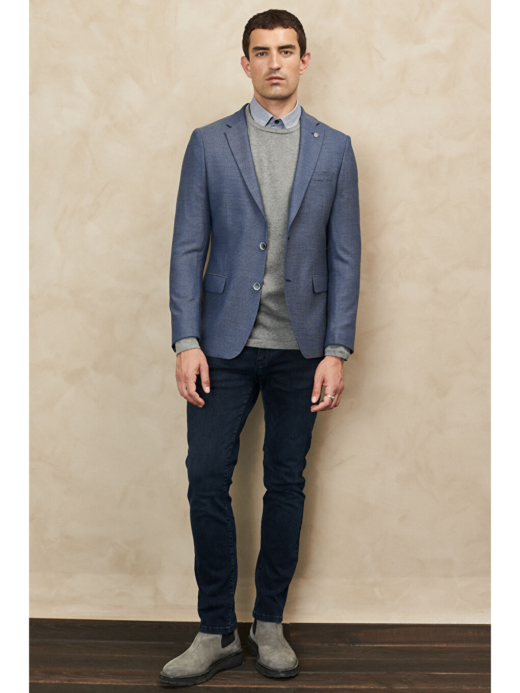 Erkek Lacivert-Beyaz Slim Fit Dar Kesim Mono Yaka Desenli Yünlü Ceket-1