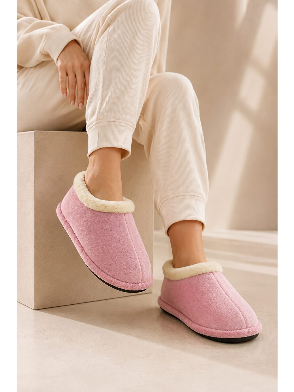 Pembe Unisex Pelüş Içi Yünlü Kışlık Panduf Ev Pandufu Lacivert-3