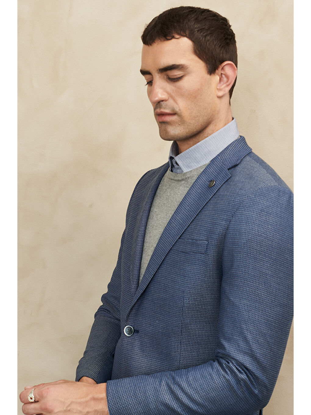 Erkek Lacivert-Beyaz Slim Fit Dar Kesim Mono Yaka Desenli Yünlü Ceket-2