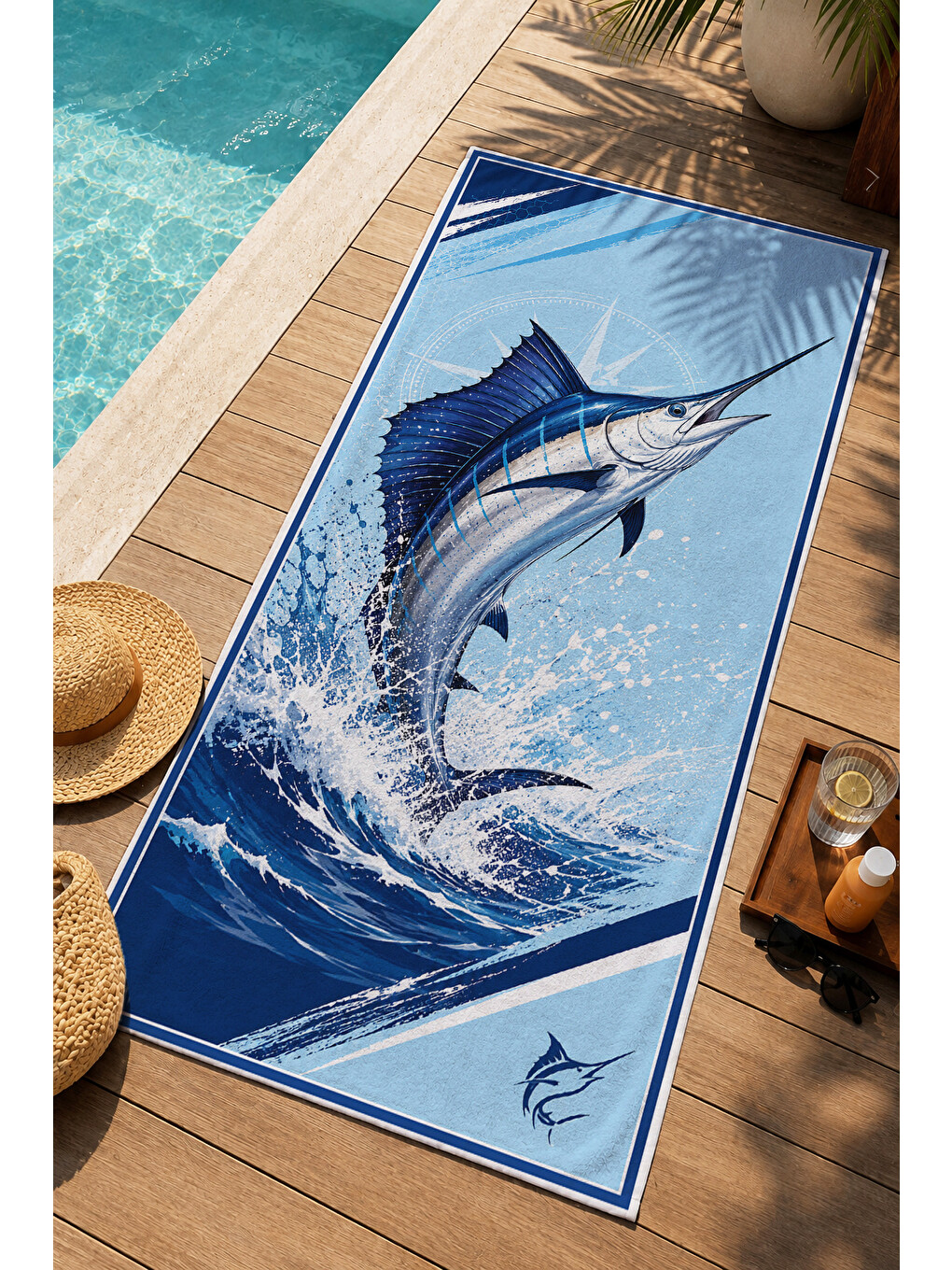 Denizci Marlin Balığı Mavi Dalga Desenli 70x150 Plaj Havlusu - Dijital Baskılı Banyo Havlusu-3