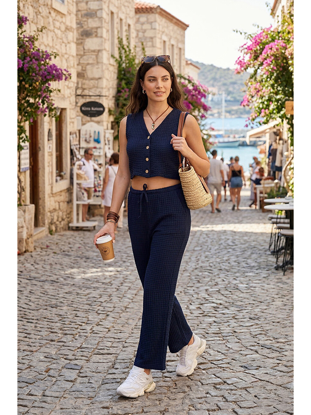 Lacivert Regular Fit V Yaka Yelek-pantolon Gofre Takım 5866484