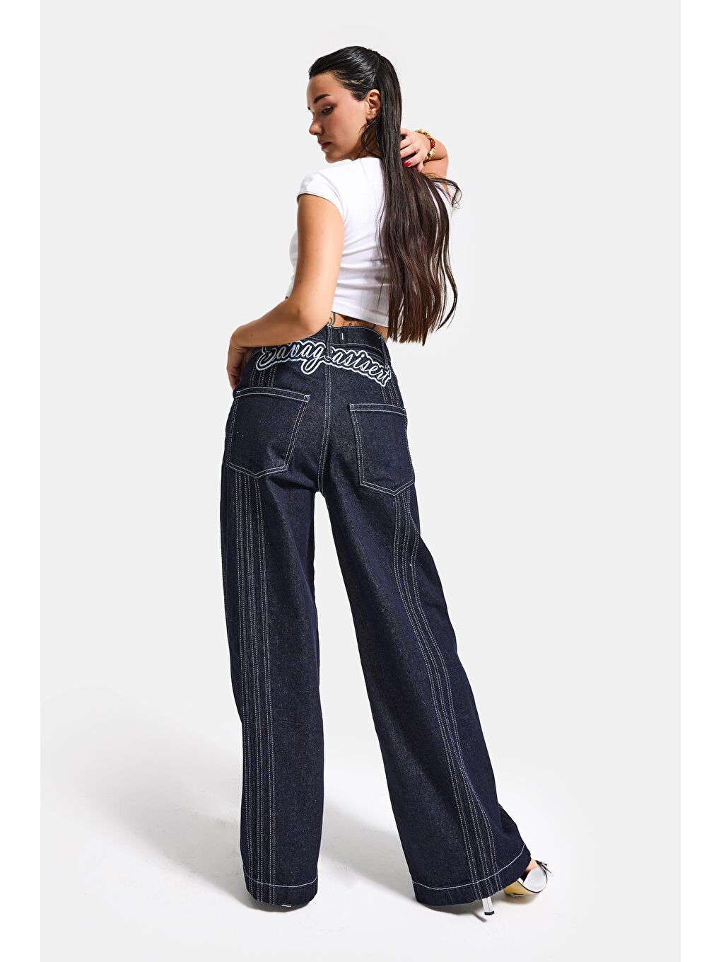 Kadın İndigo Selvedge 7s6-50 Süper Baggy Fit Nakışlı Tasarım Denim Jean-2