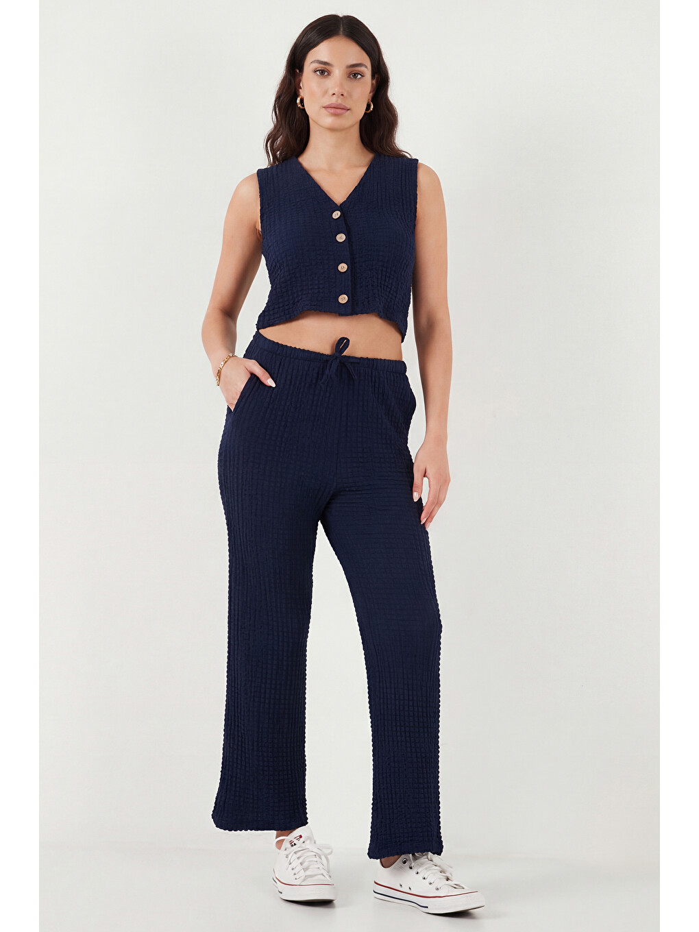 Lacivert Regular Fit V Yaka Yelek-pantolon Gofre Takım 5866484-1