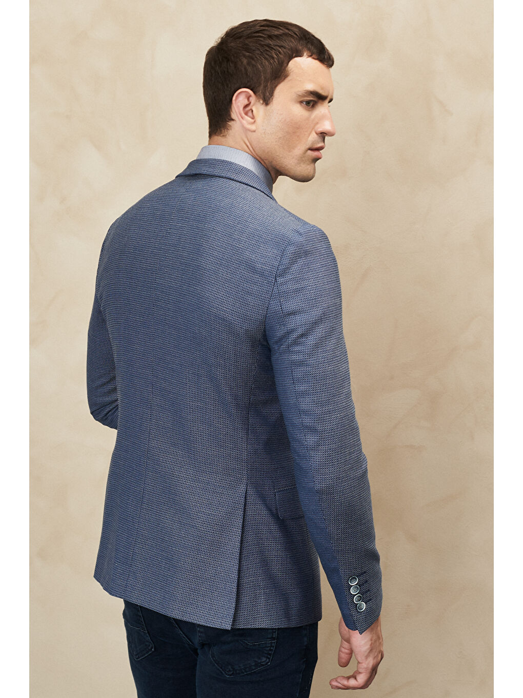 Erkek Lacivert-Beyaz Slim Fit Dar Kesim Mono Yaka Desenli Yünlü Ceket-3
