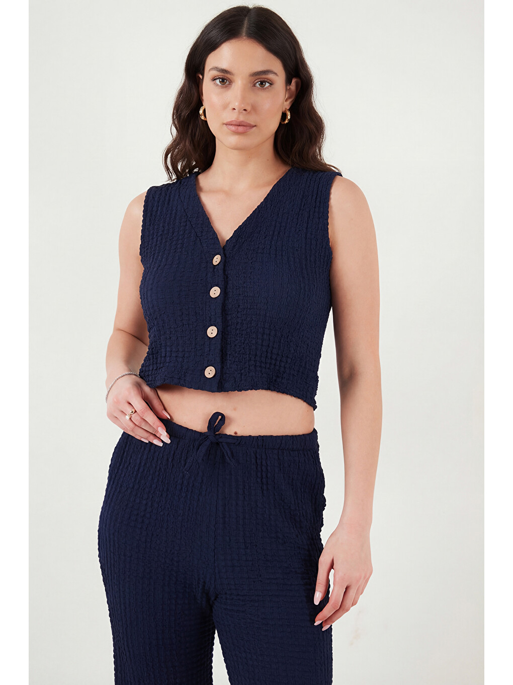 Lacivert Regular Fit V Yaka Yelek-pantolon Gofre Takım 5866484-2