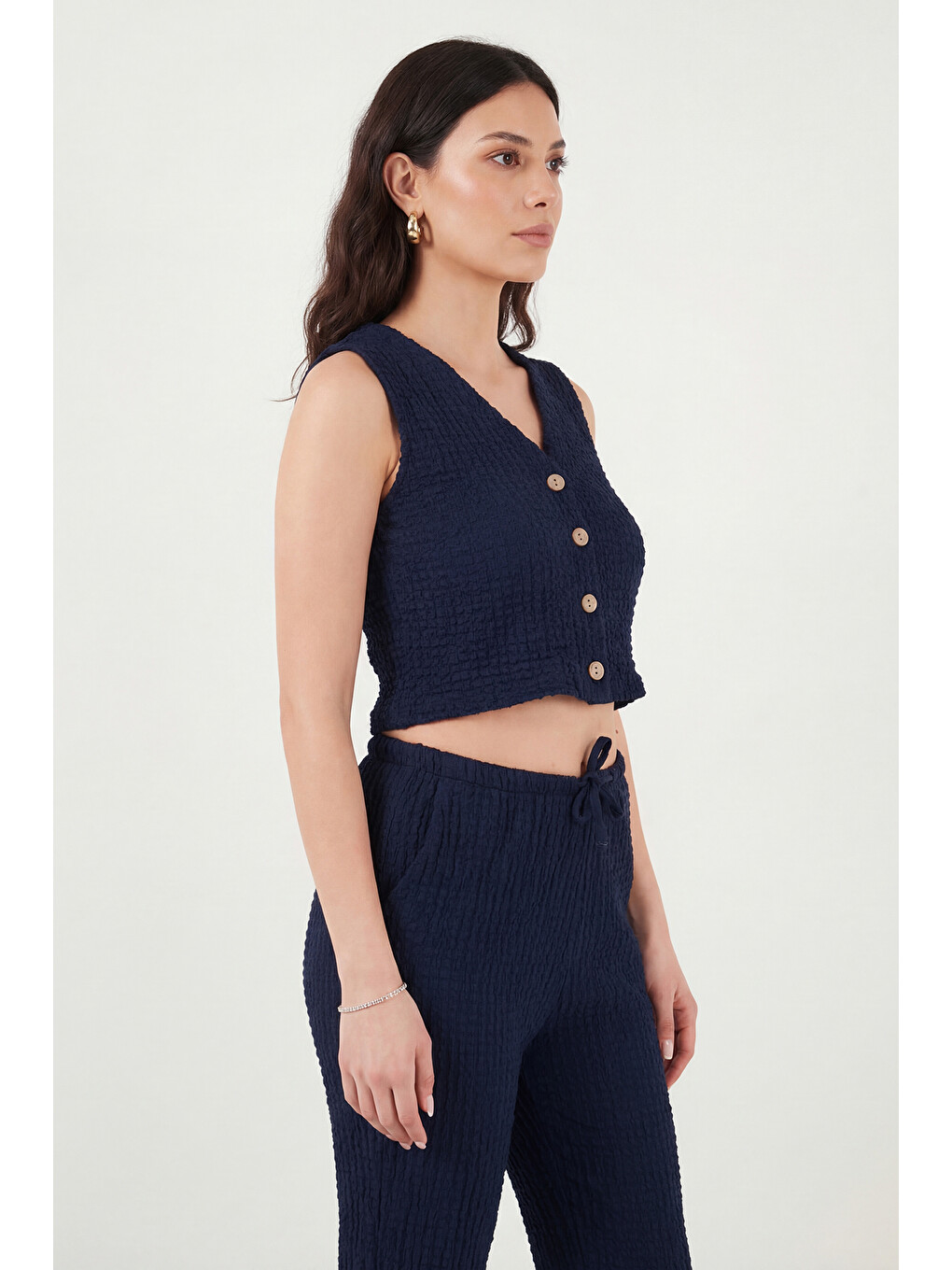 Lacivert Regular Fit V Yaka Yelek-pantolon Gofre Takım 5866484-3