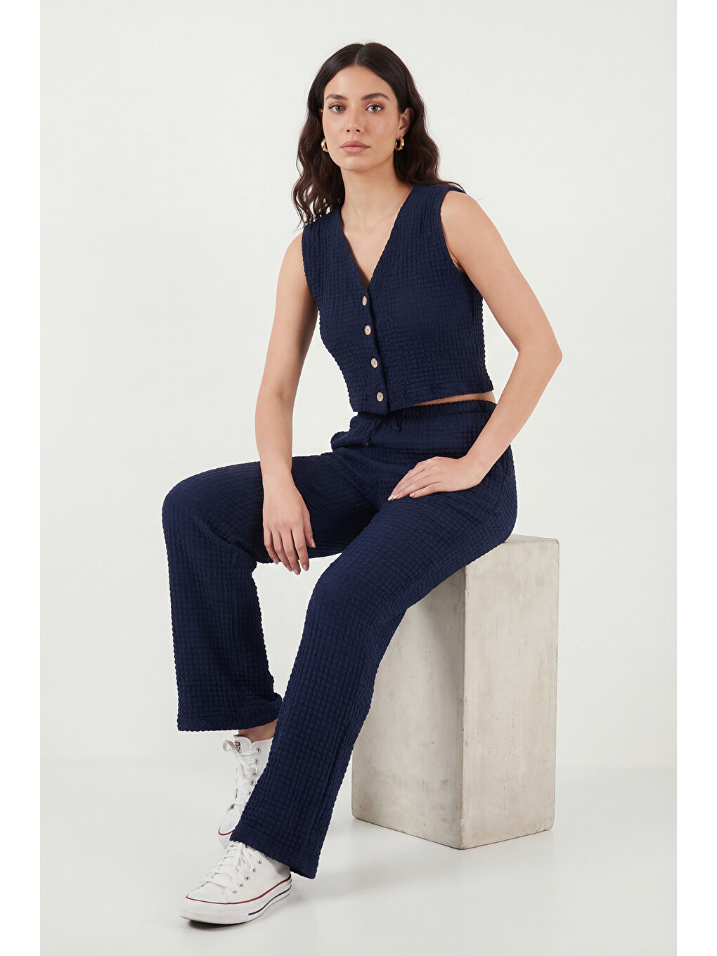 Lacivert Regular Fit V Yaka Yelek-pantolon Gofre Takım 5866484-5