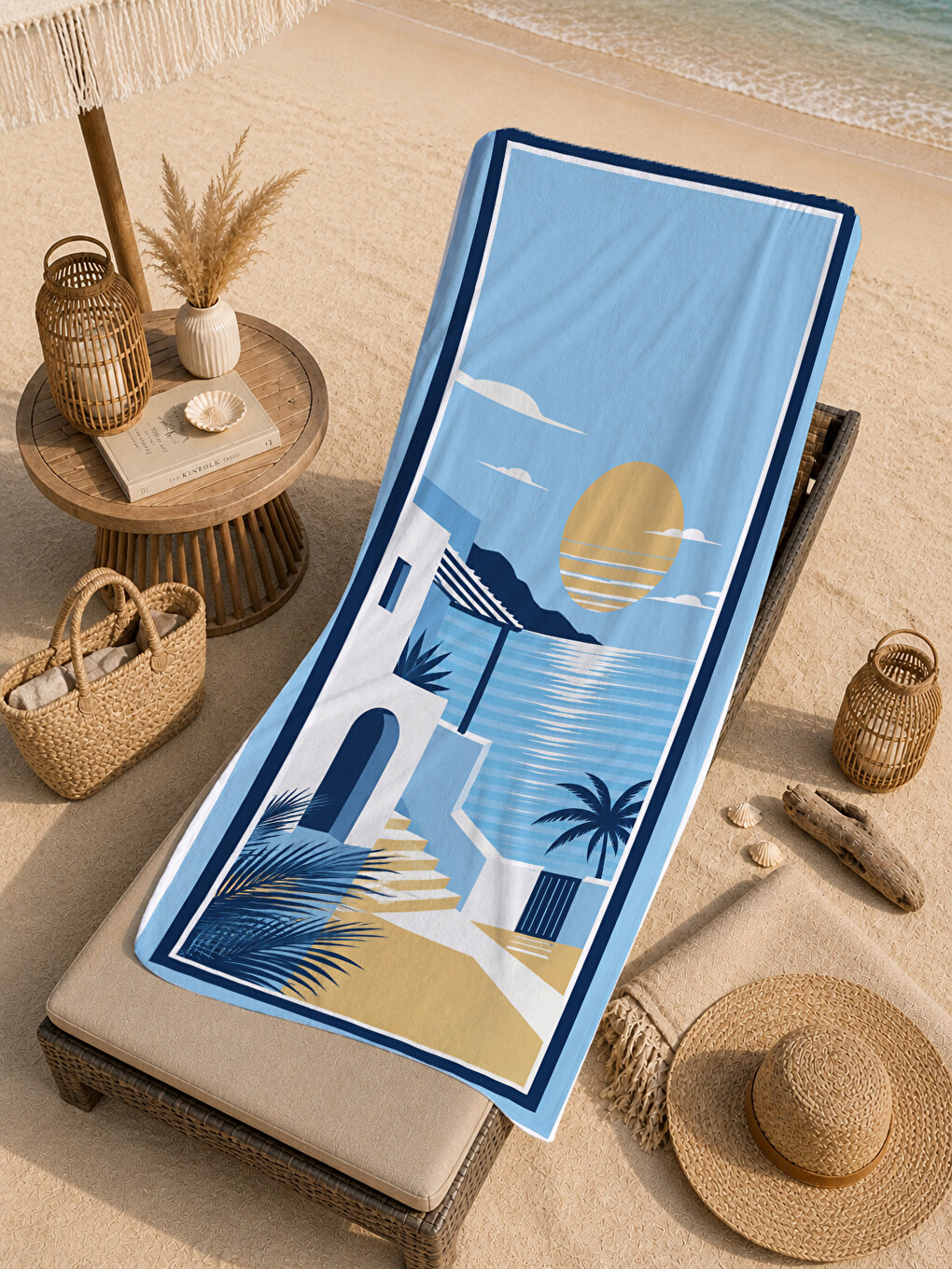 Sarı Modern Güneş Palmiye Sahil Desenli 70x150 Plaj Havlusu - Dijital Baskılı Solmaz Banyo Havlusu-4