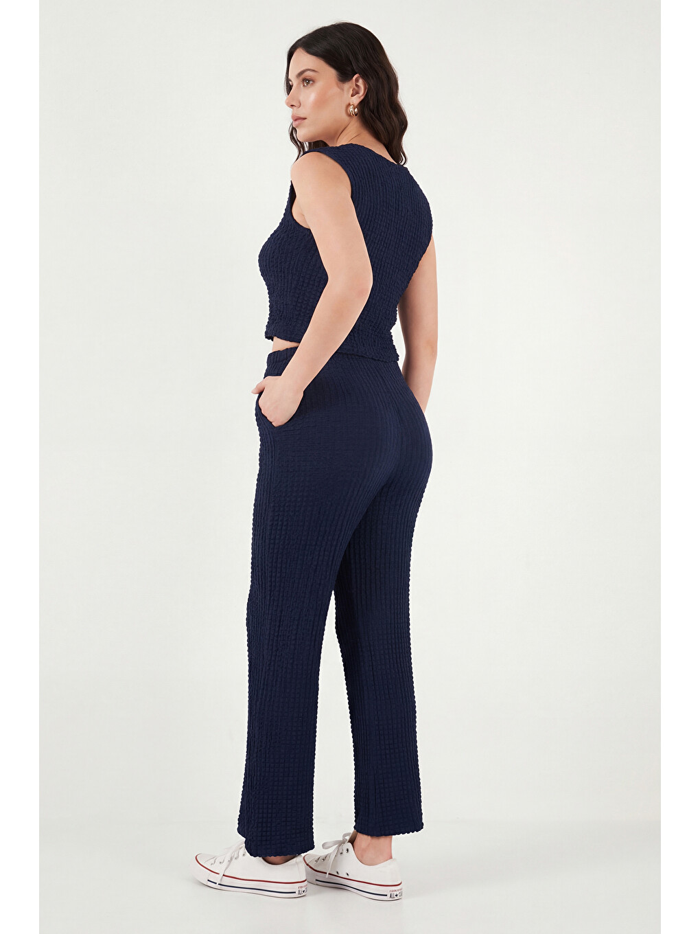Lacivert Regular Fit V Yaka Yelek-pantolon Gofre Takım 5866484-6