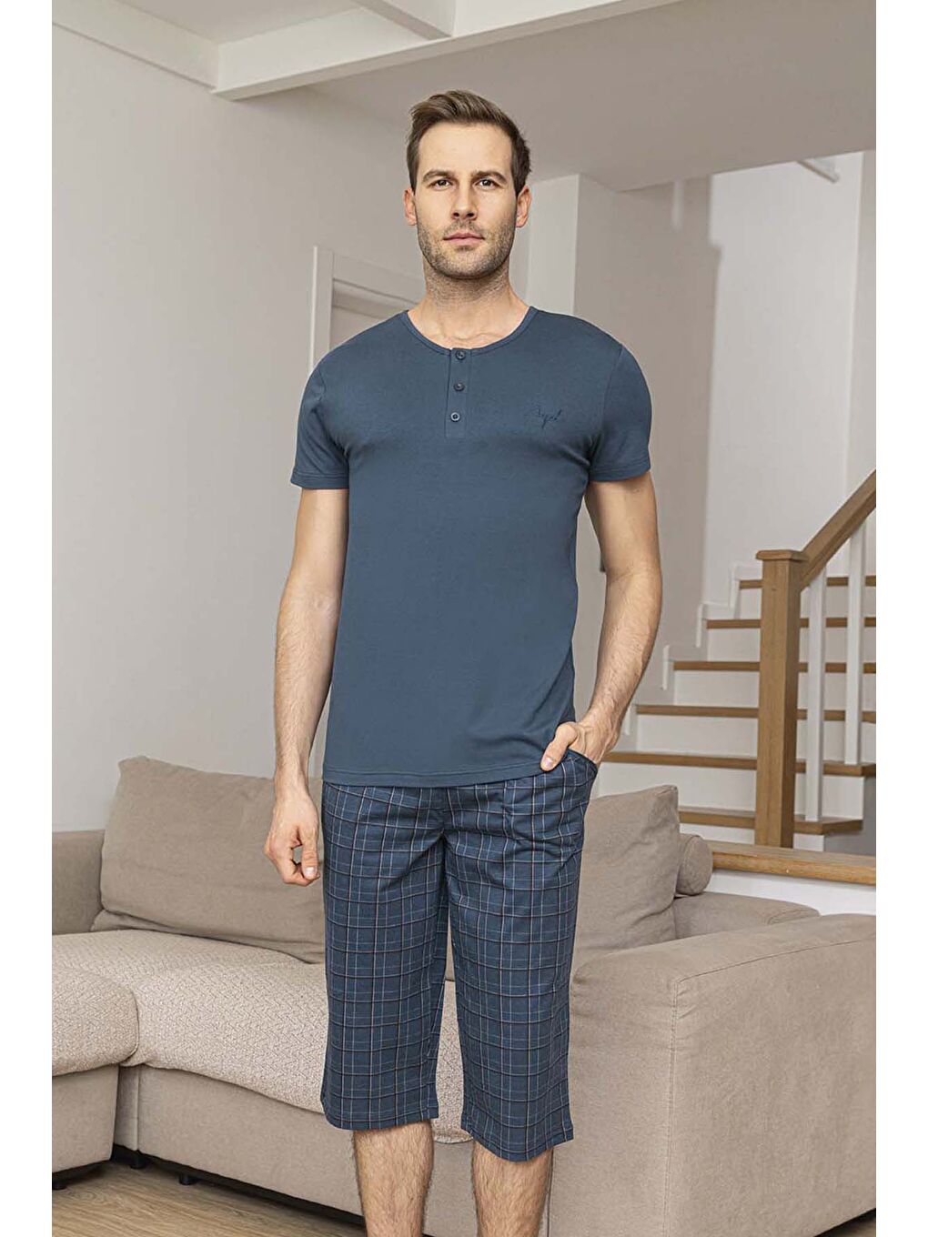Lacivert Erkek Kısa Kol Kaprili Modal Pijama Takımı 260025 İndigo01