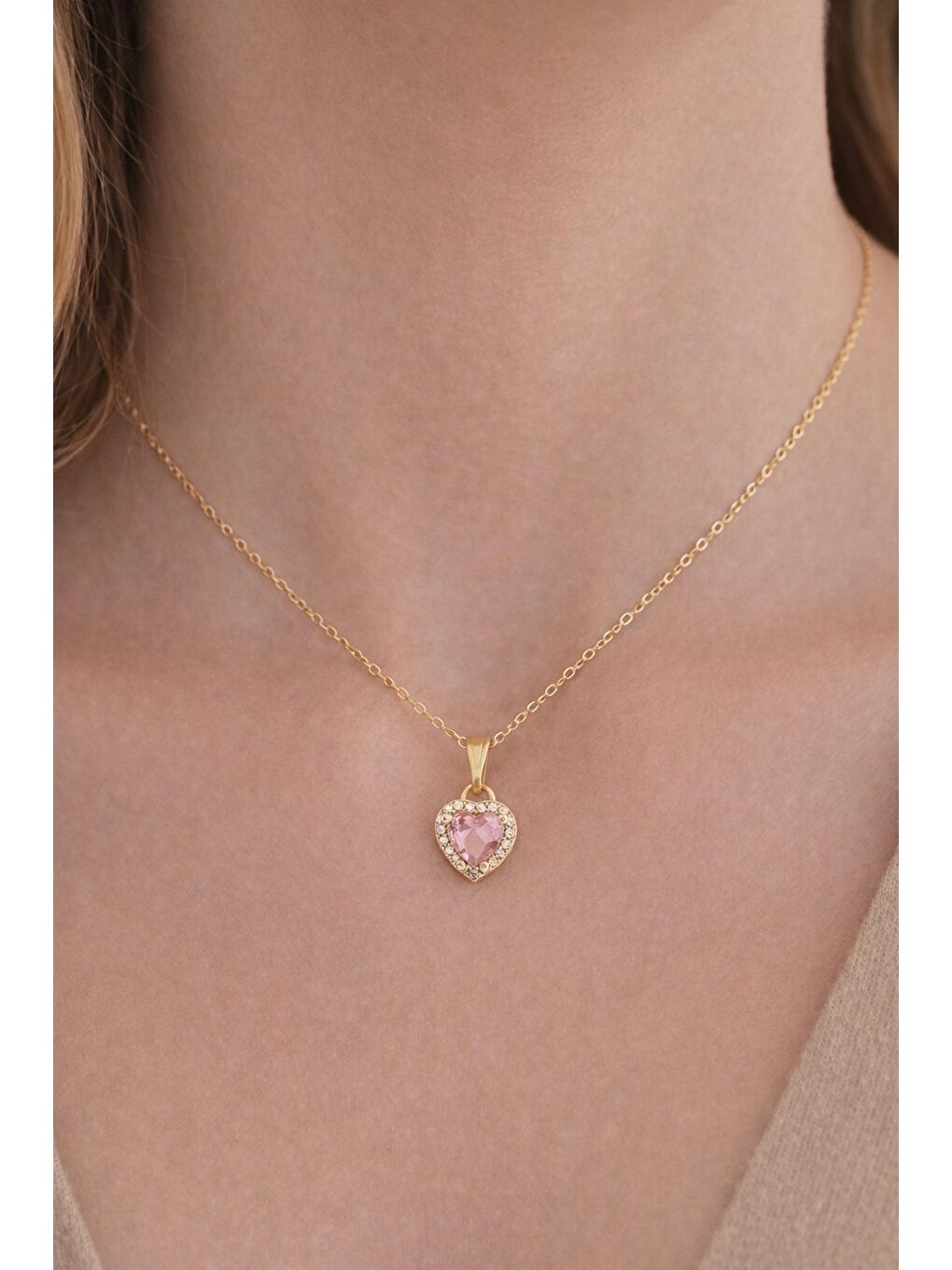 Sarı Paslanmaz Çelik Altın Renk Pembe Taşlı Sevgiliye Kalbim Kolye-1