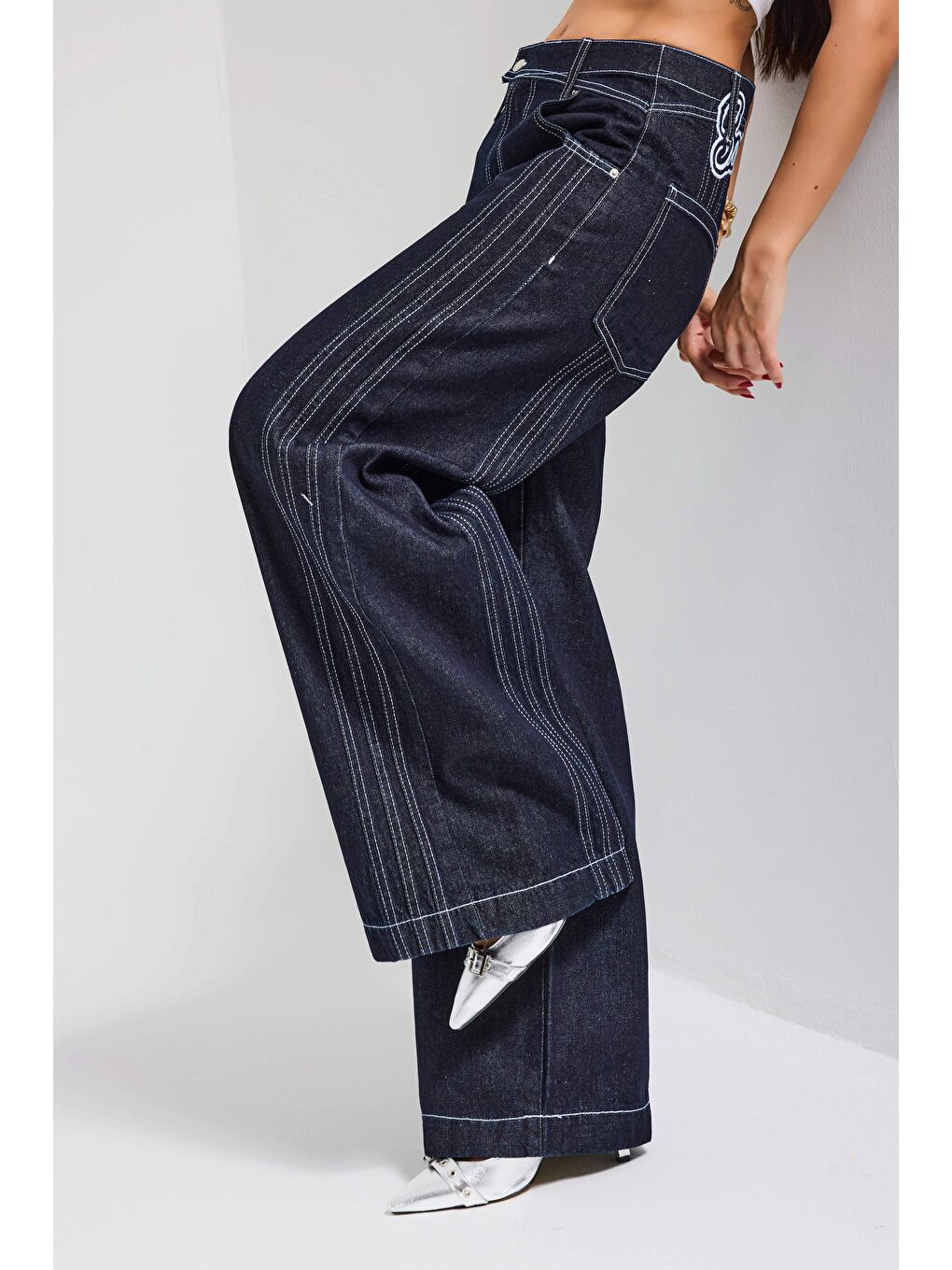 Kadın İndigo Selvedge 7s6-50 Süper Baggy Fit Nakışlı Tasarım Denim Jean-4