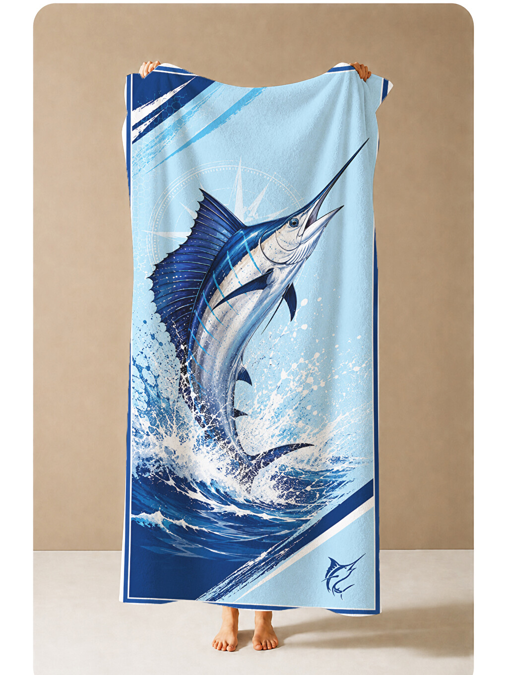 Denizci Marlin Balığı Mavi Dalga Desenli 70x150 Plaj Havlusu - Dijital Baskılı Banyo Havlusu-4