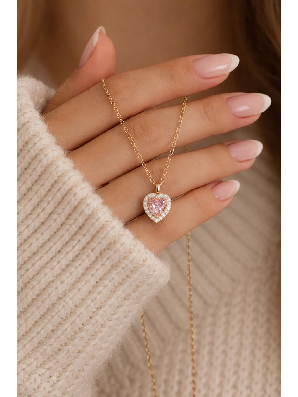 Sarı Paslanmaz Çelik Altın Renk Pembe Taşlı Sevgiliye Kalbim Kolye-3