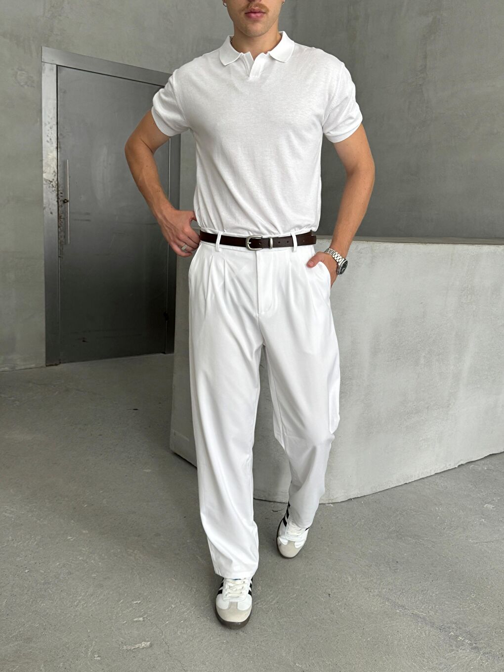 Beyaz Erkek Pileli Baggy Kalıp Kumaş Pantolon-1