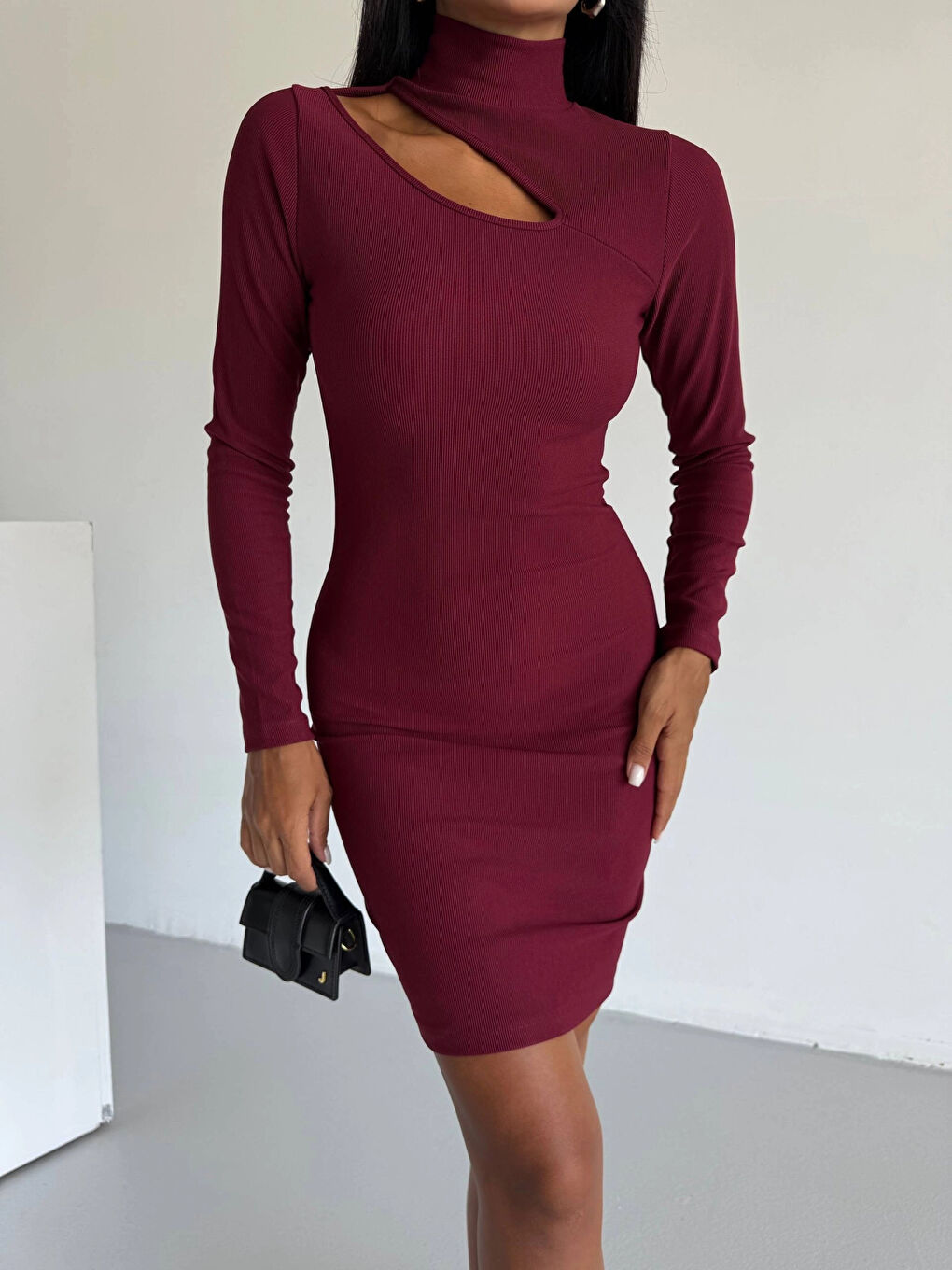 Kadın Bordo Boğazlı Uzun Kollu Ottoman Kumaş Elbise HZL25S-FRY123331-1