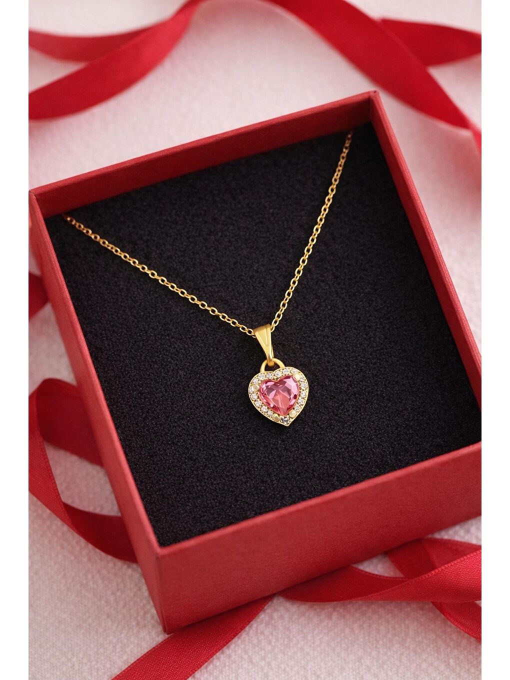 Sarı Paslanmaz Çelik Altın Renk Pembe Taşlı Sevgiliye Kalbim Kolye-4