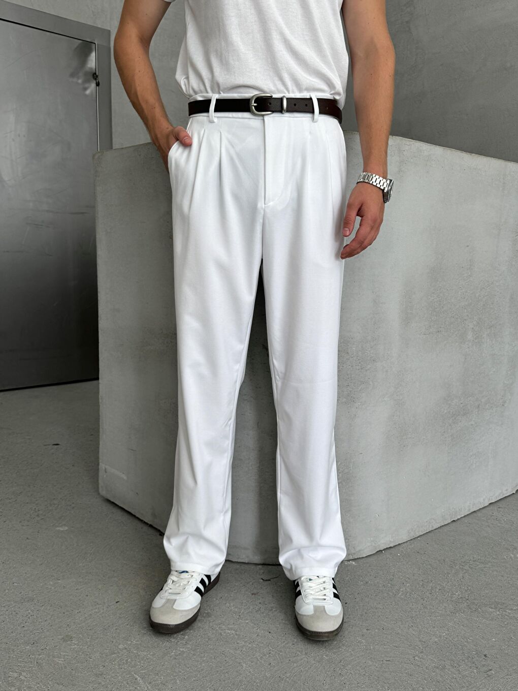 Beyaz Erkek Pileli Baggy Kalıp Kumaş Pantolon-2